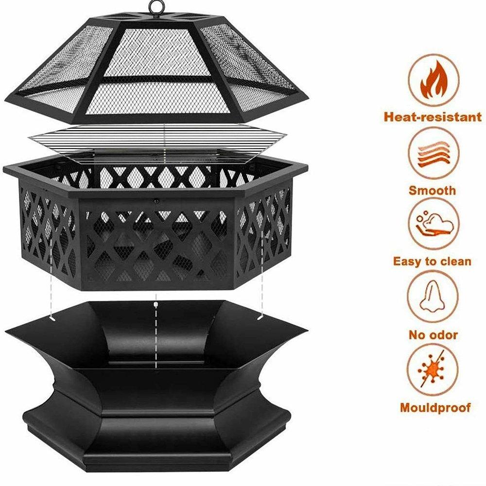 Black - Breeins - Hexagon Outdoor Fire Pit with Grill & Screen - 9