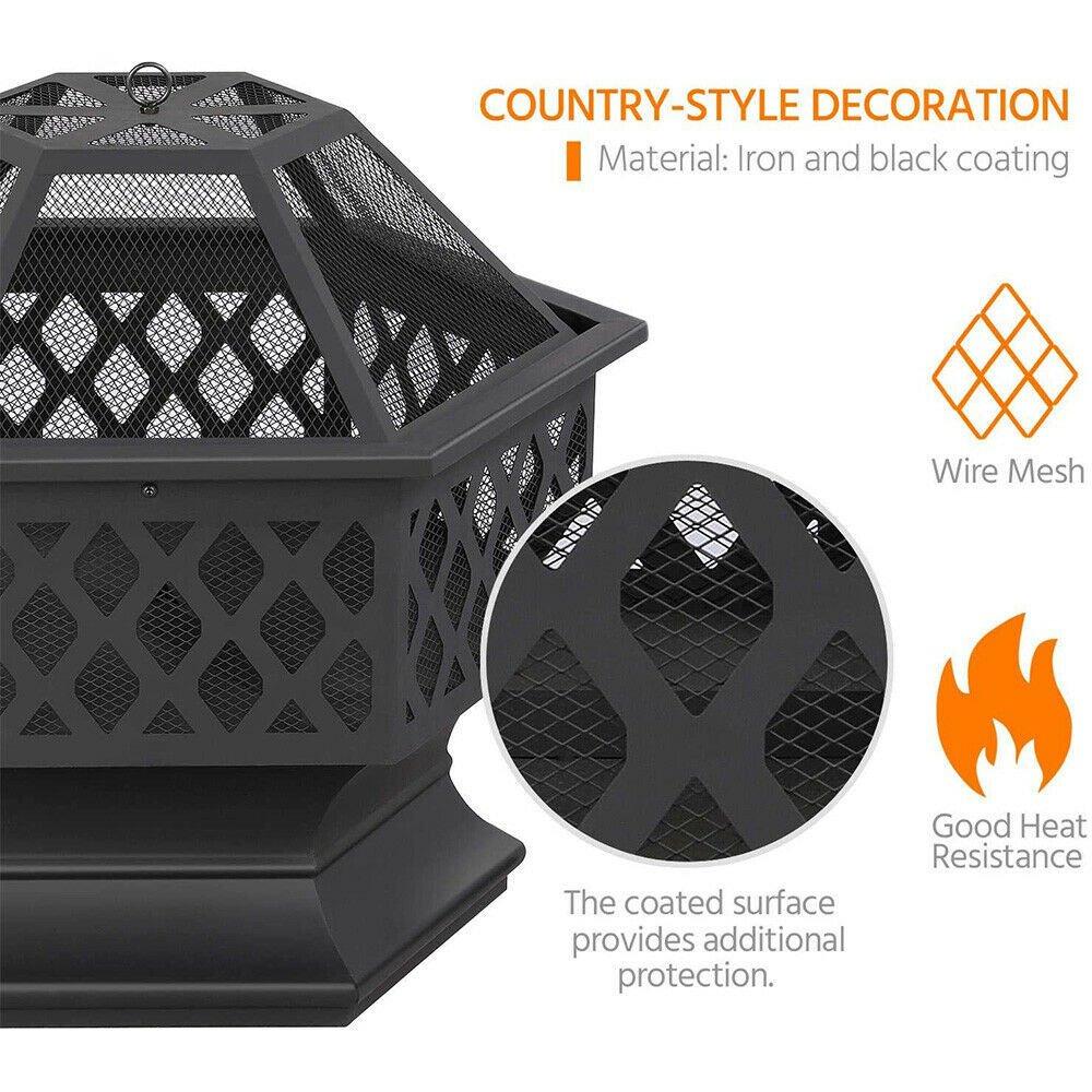 Black - Breeins - Hexagon Outdoor Fire Pit with Grill & Screen - 10