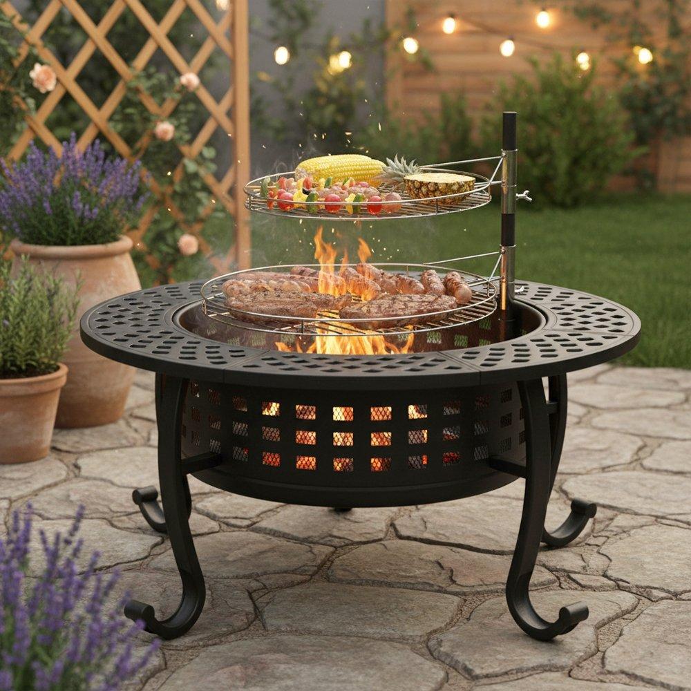 Black - Breeins - Heavy Duty Wood Fire Pit with Dual Grill Grates - 1