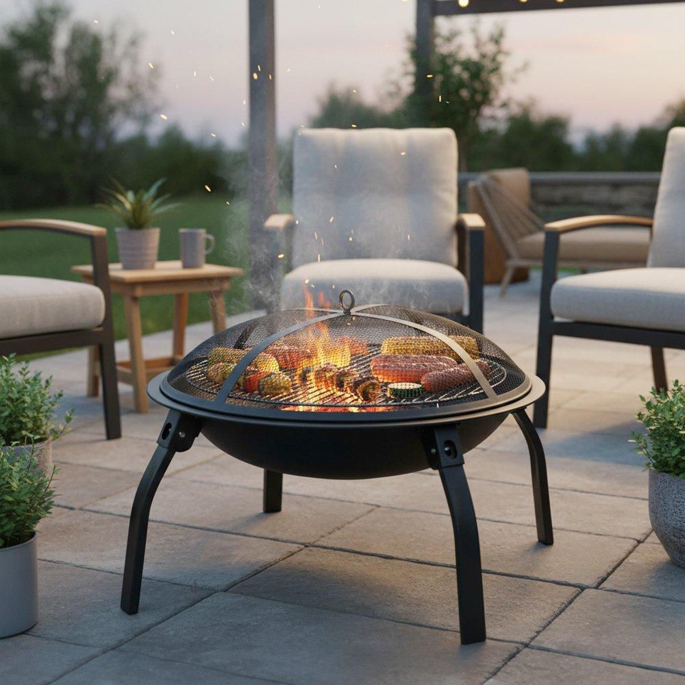 Black - Breeins - Heavy Duty Outdoor Fire Pit with Grill & Screen - 1