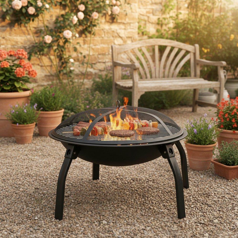 Black - Breeins - Heavy Duty Outdoor Fire Pit with Grill & Screen - 2