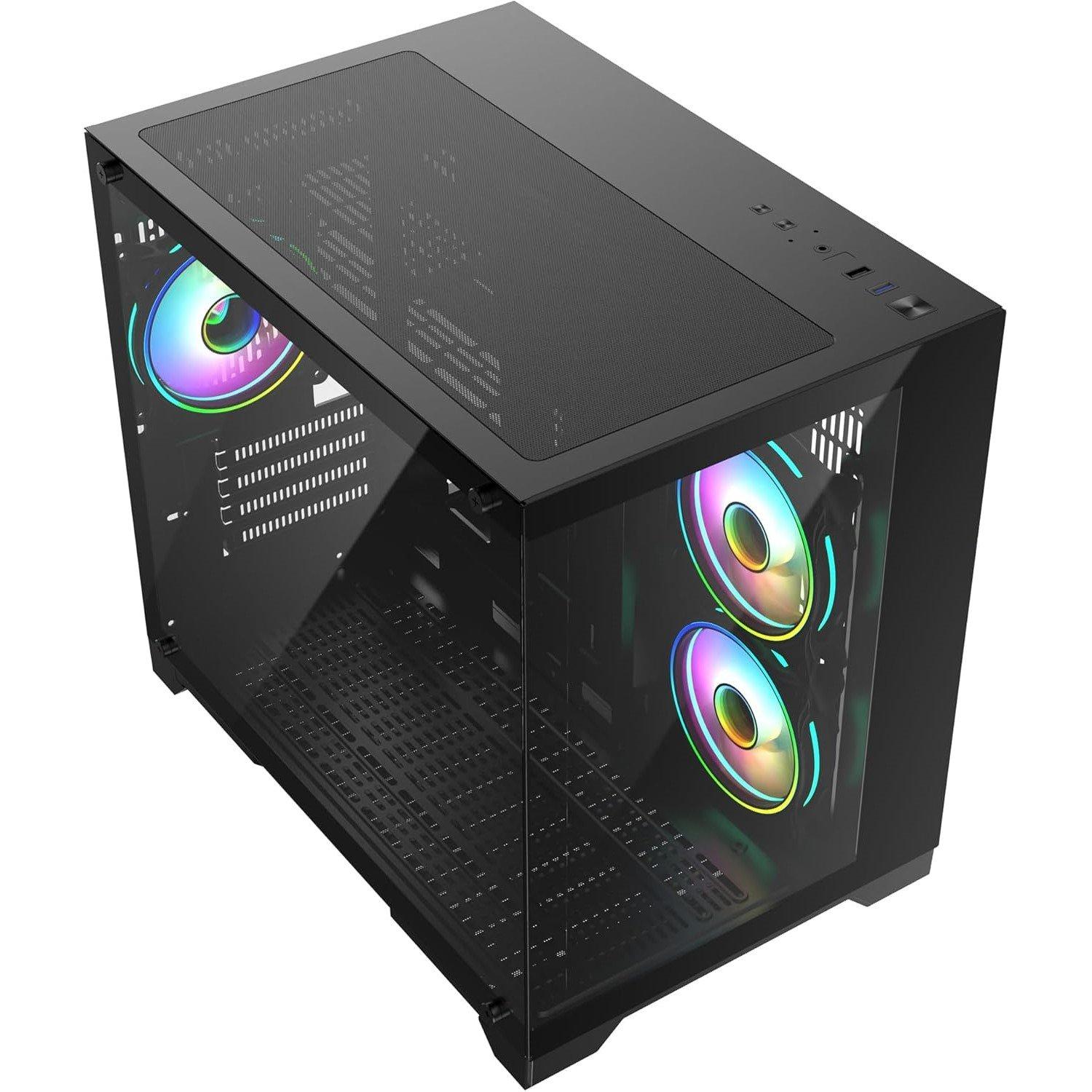 Black - CiT - Concept Black Dual Tempered Glass Panelling Micro-ATX PC Gaming Cube with 6-Port PWM Fan Control - 3