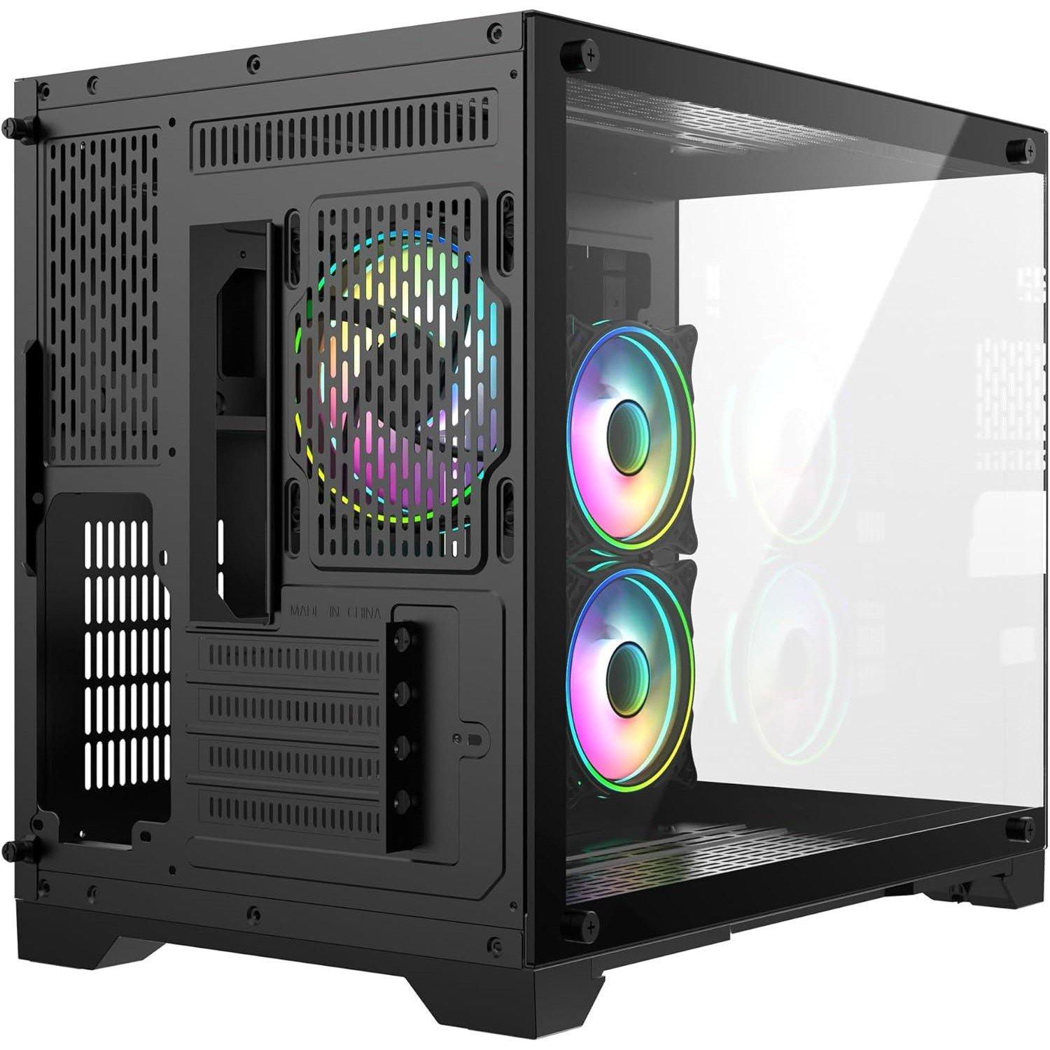 Black - CiT - Concept Black Dual Tempered Glass Panelling Micro-ATX PC Gaming Cube with 6-Port PWM Fan Control - 4