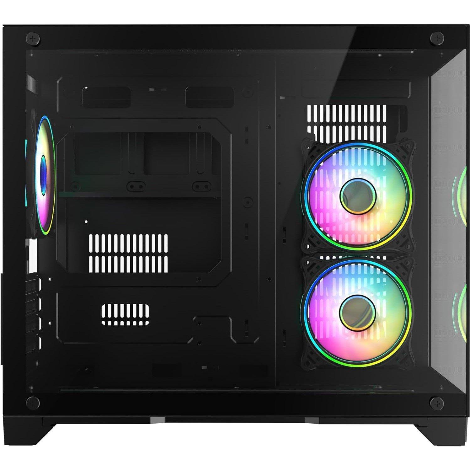 Black - CiT - Concept Black Dual Tempered Glass Panelling Micro-ATX PC Gaming Cube with 6-Port PWM Fan Control - 5
