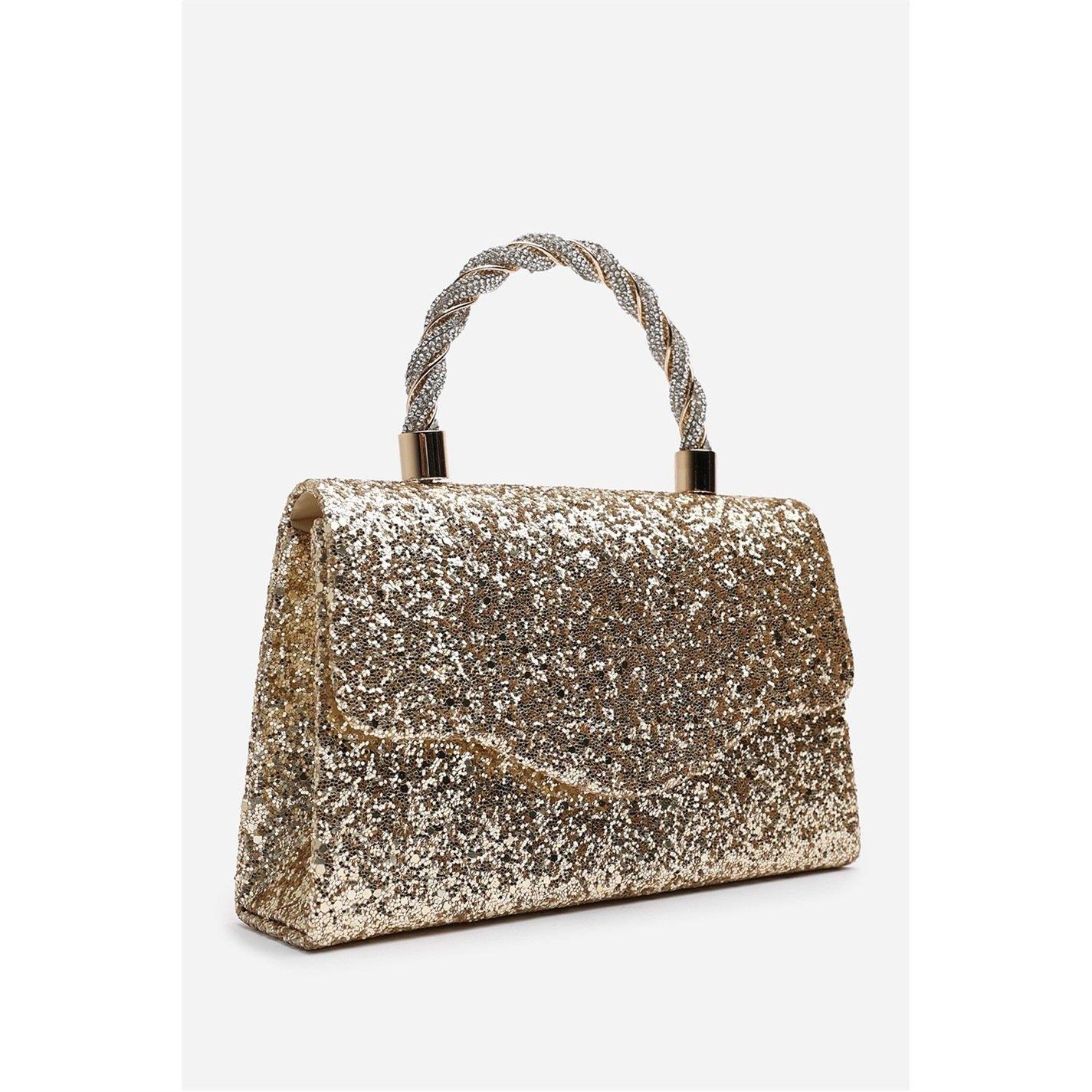 Gold - Wheres That From - Glitter Evening Bag With Braided Top Handle - 2