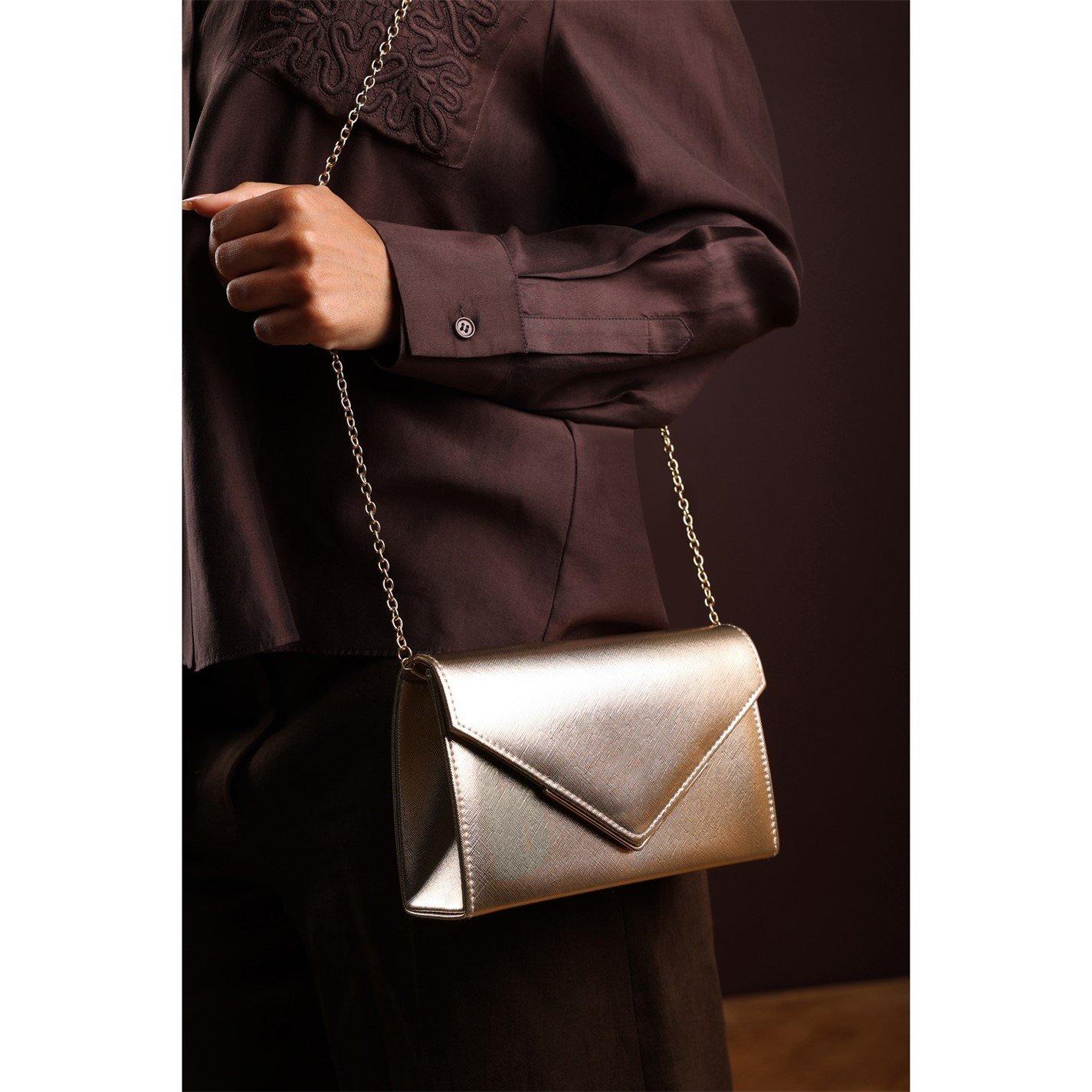 Gold - Wheres That From - Wheres Metallic Clutch Bag With Flap Closure - 1