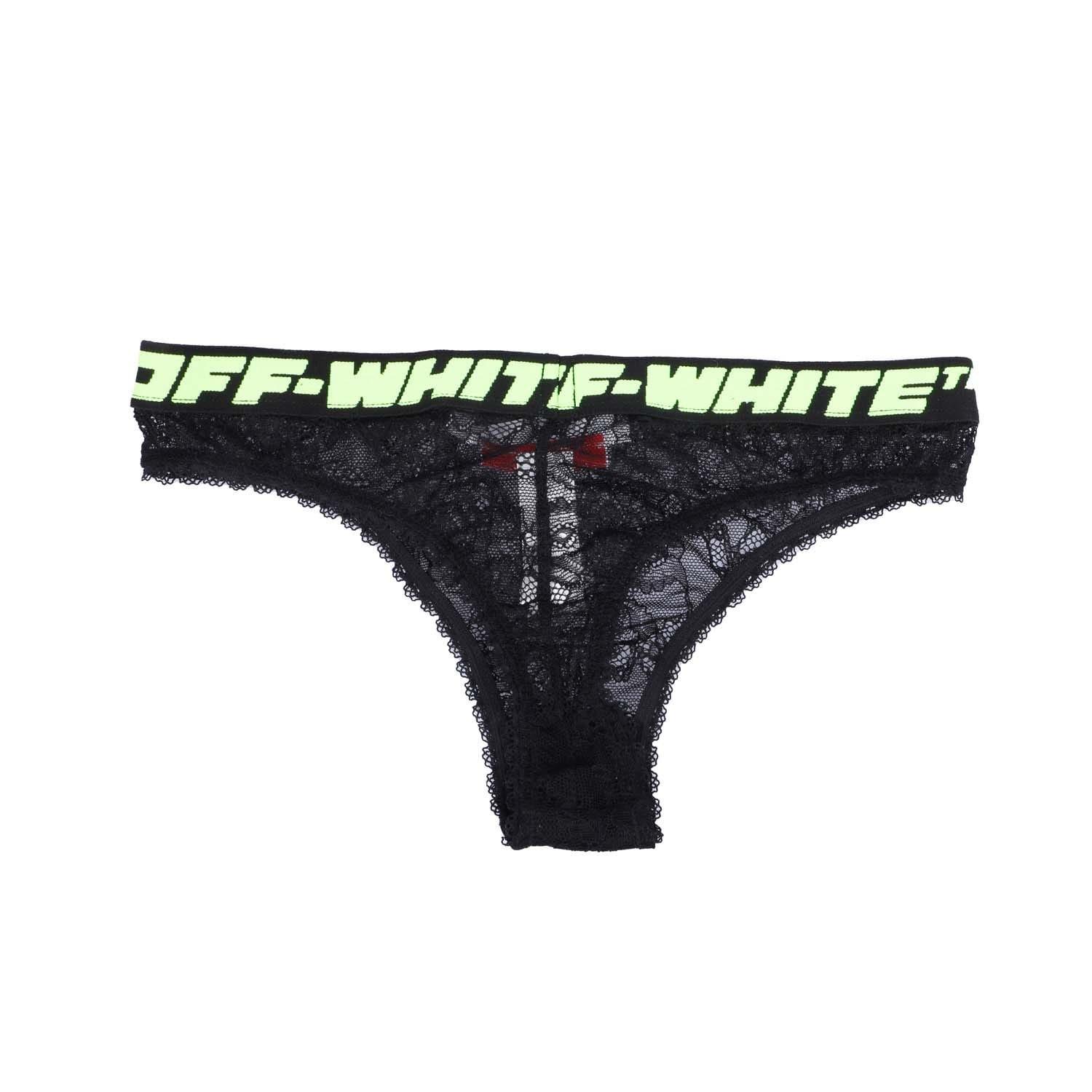Black - Off White - Logo Band Lace Thong - 2