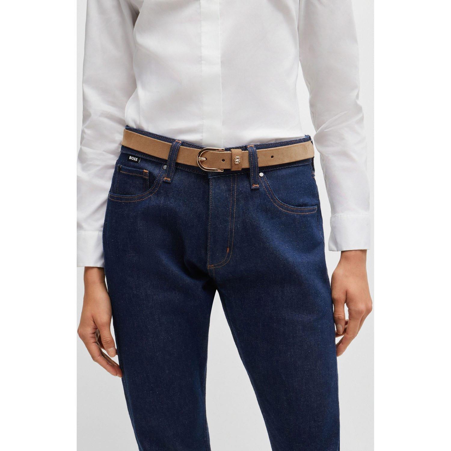 Beige - Boss - Double B Monogram Suede Belt - 3