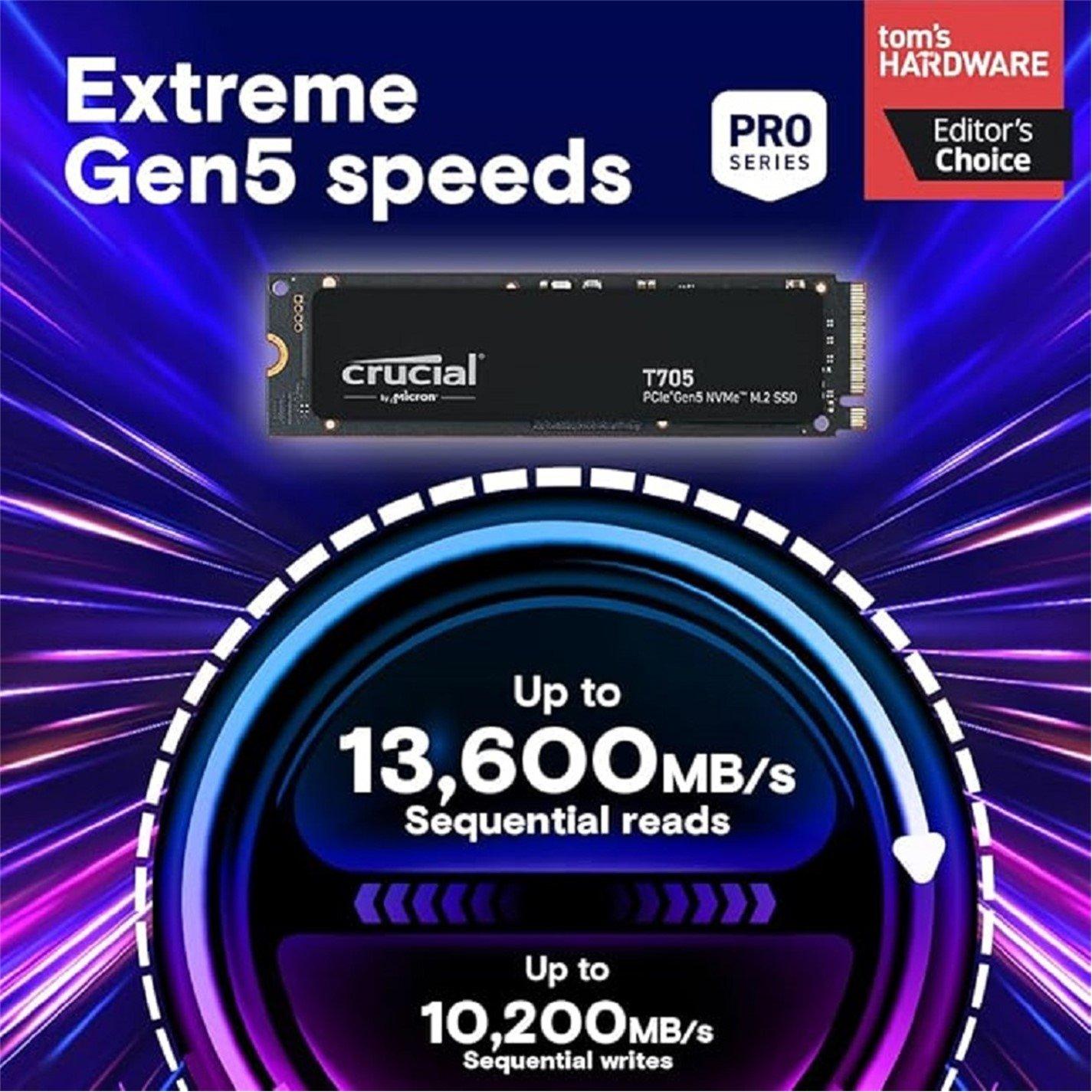 Black - Crucial Technology - T705 1TB PCIe Gen5 NVMe M.2 SSD - 5