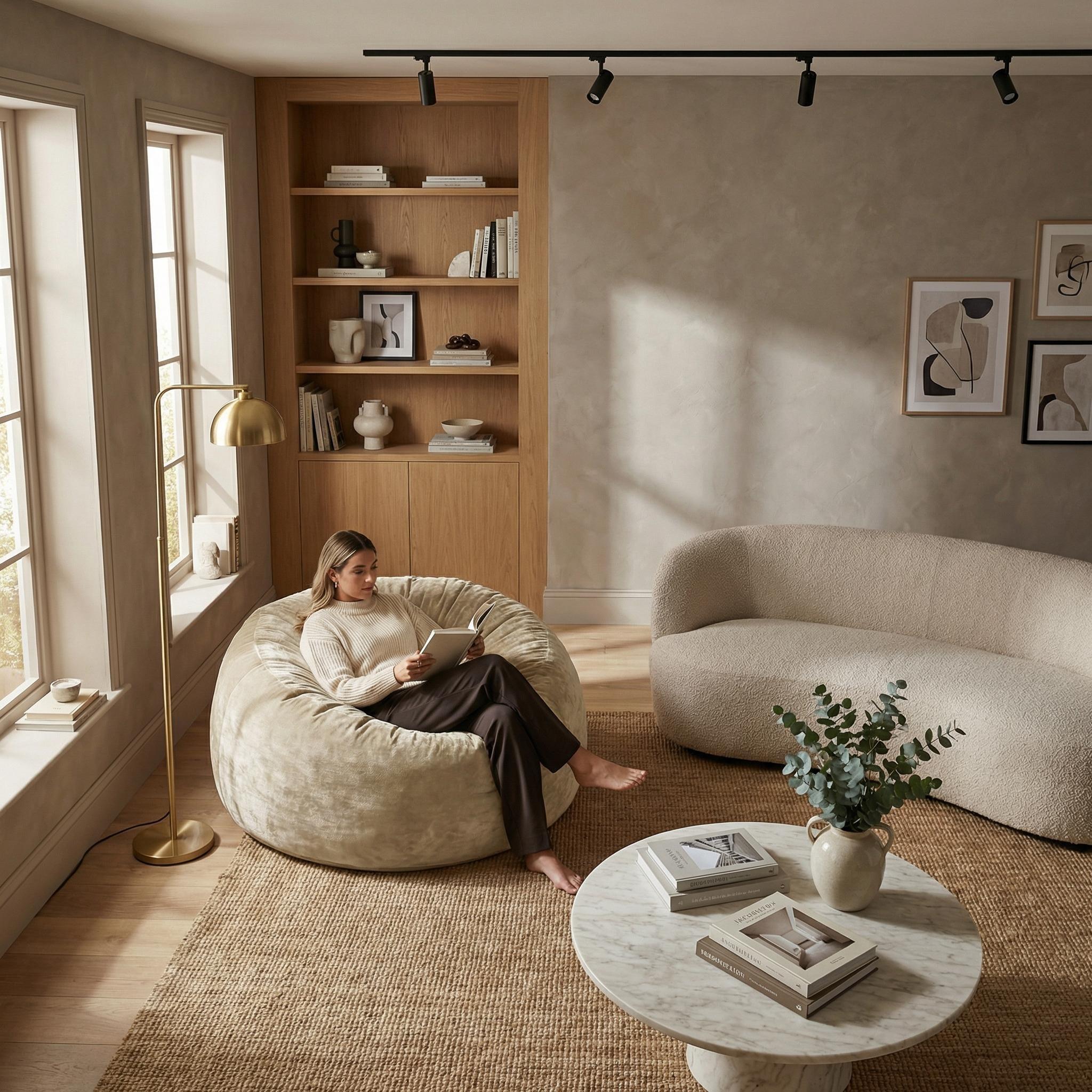 Beige - Urban Meuble - Modern Round Bean Bag Sofa Chair - 4