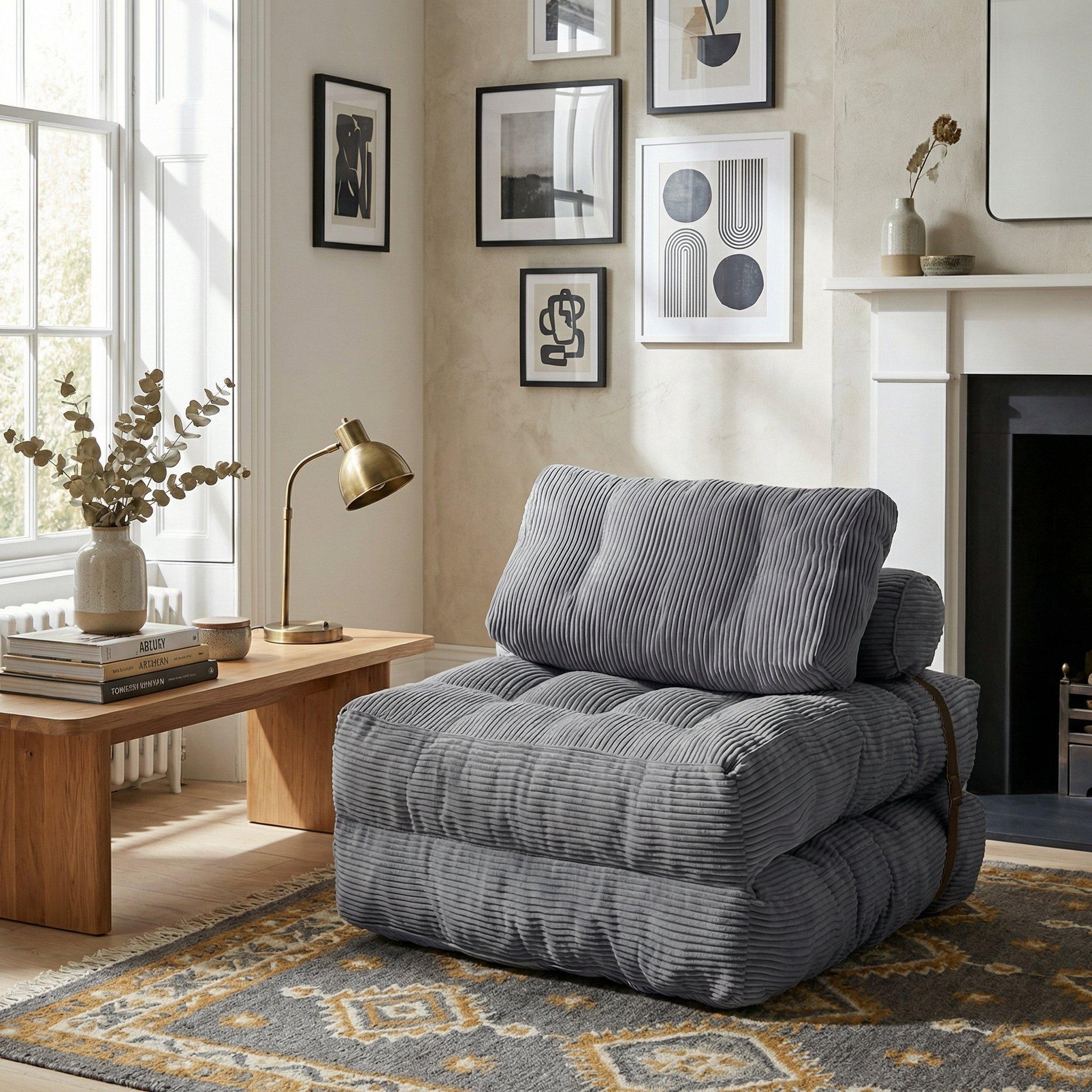 Grey - Urban Meuble - Convertible Corduroy Floor Sofa Bed - 1