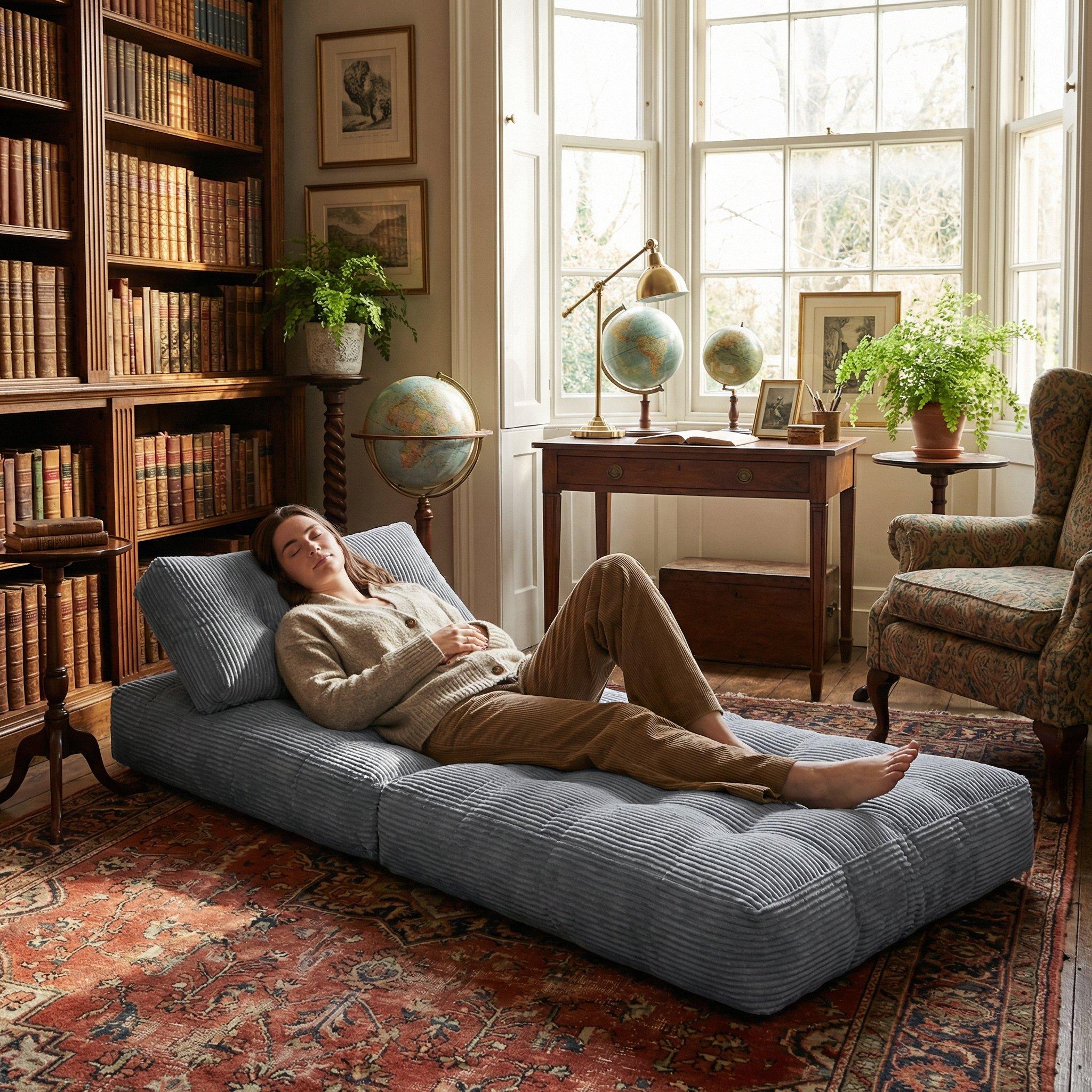 Grey - Urban Meuble - Convertible Corduroy Floor Sofa Bed - 2