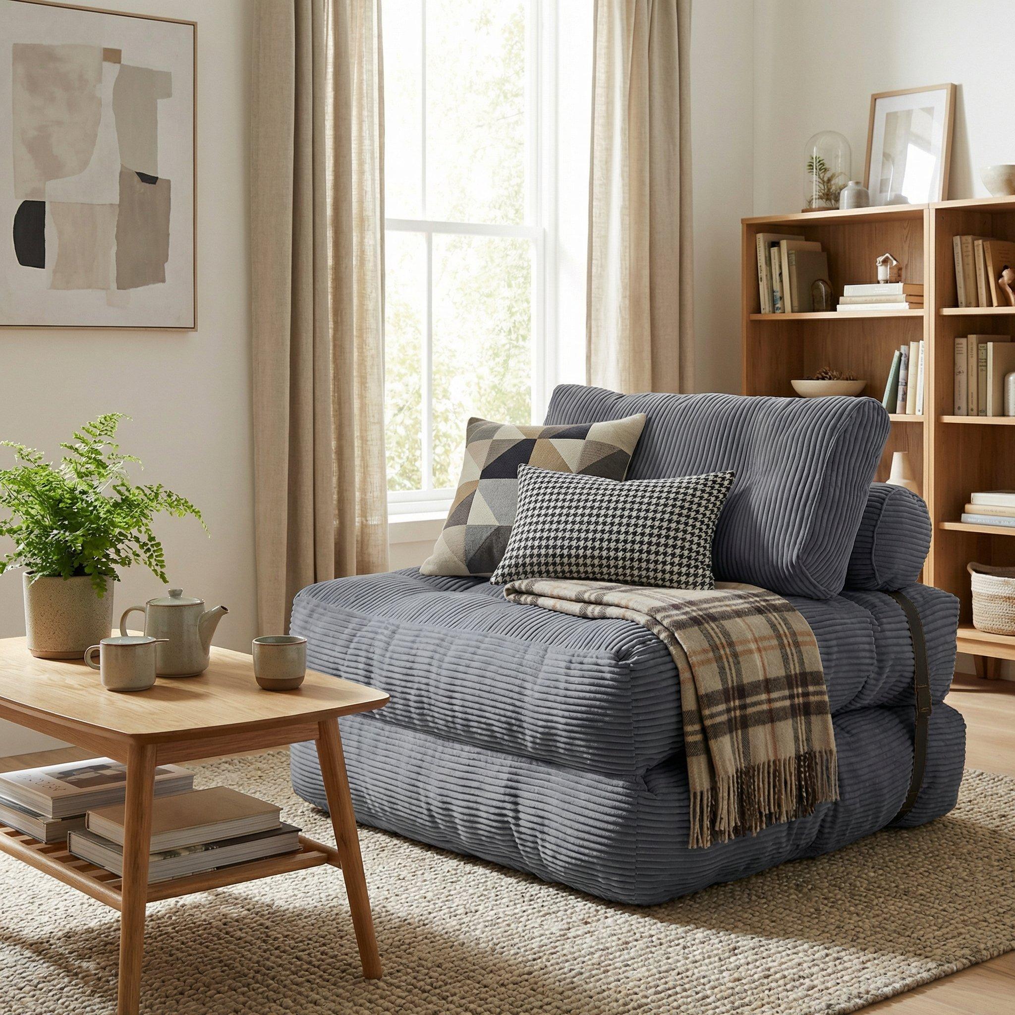 Grey - Urban Meuble - Convertible Corduroy Floor Sofa Bed - 3