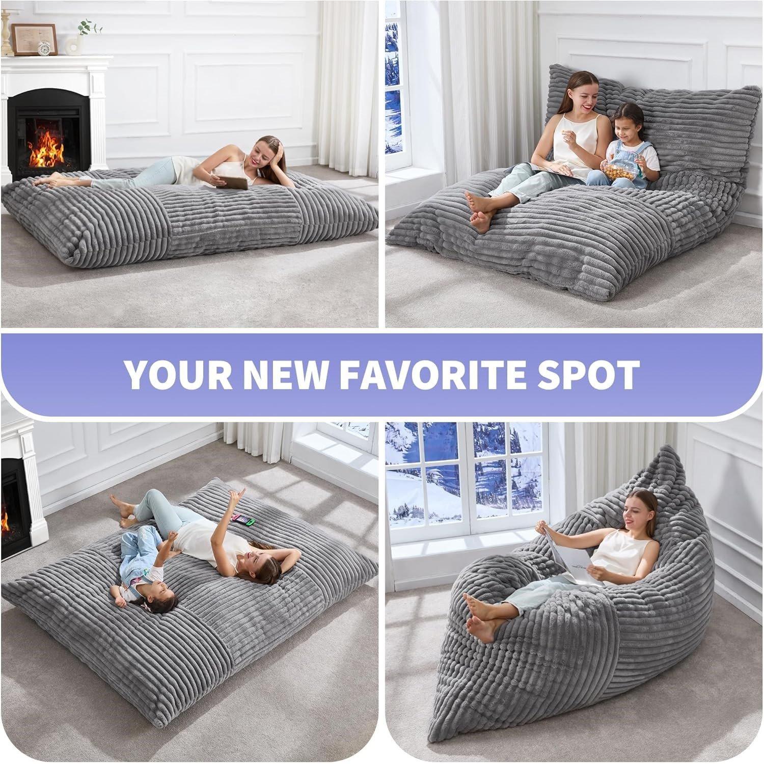 Light Grey - Urban Meuble - Convertible Memory Foam Bean Bag Lounger - 8