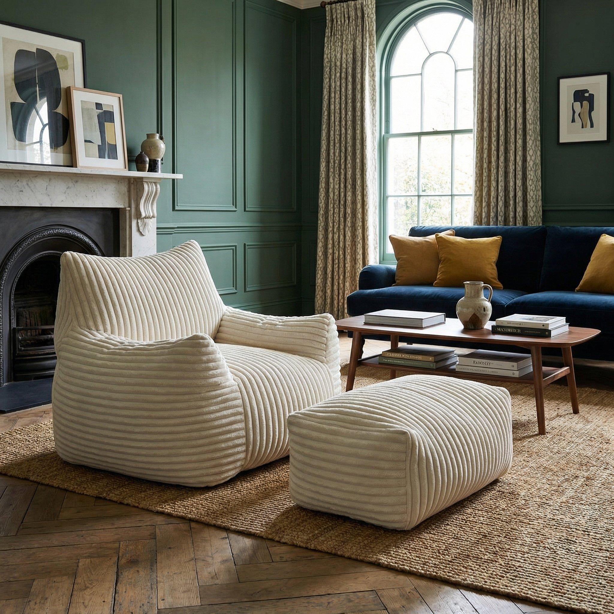 Beige - Urban Meuble - Corduroy Bean Bag Chair with Footrest - 1