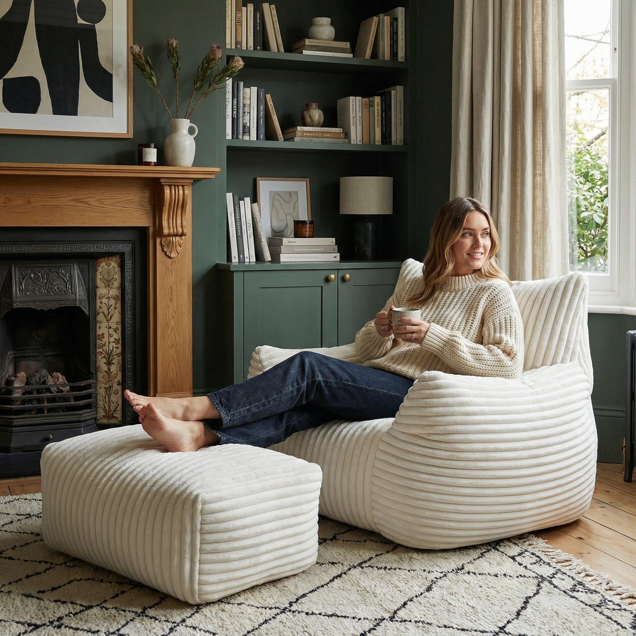 Beige - Urban Meuble - Corduroy Bean Bag Chair with Footrest - 2