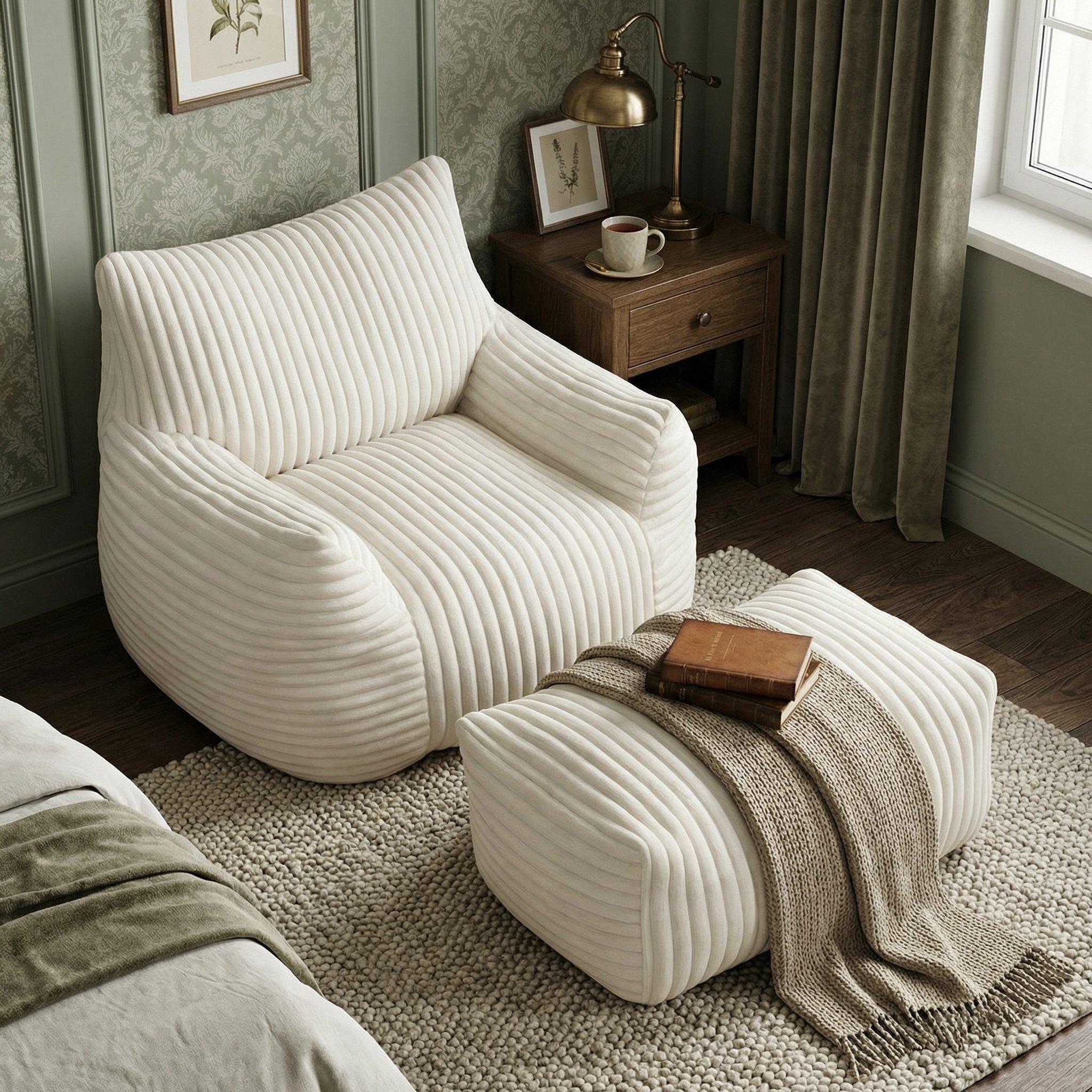 Beige - Urban Meuble - Corduroy Bean Bag Chair with Footrest - 3