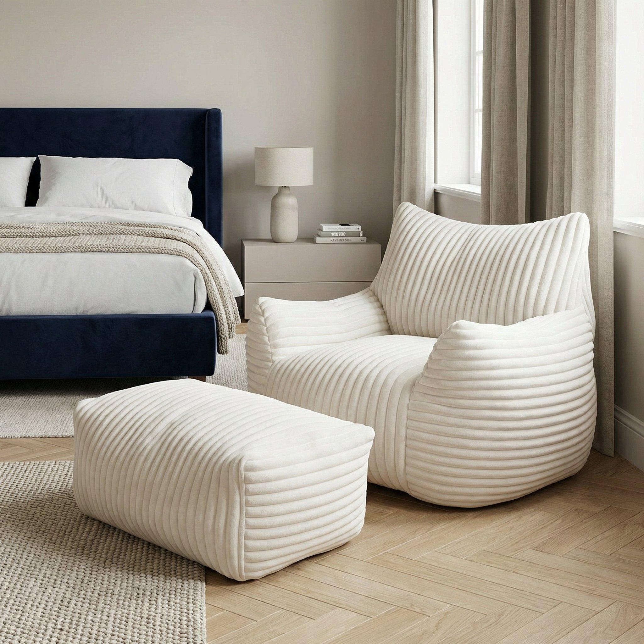 Beige - Urban Meuble - Corduroy Bean Bag Chair with Footrest - 4