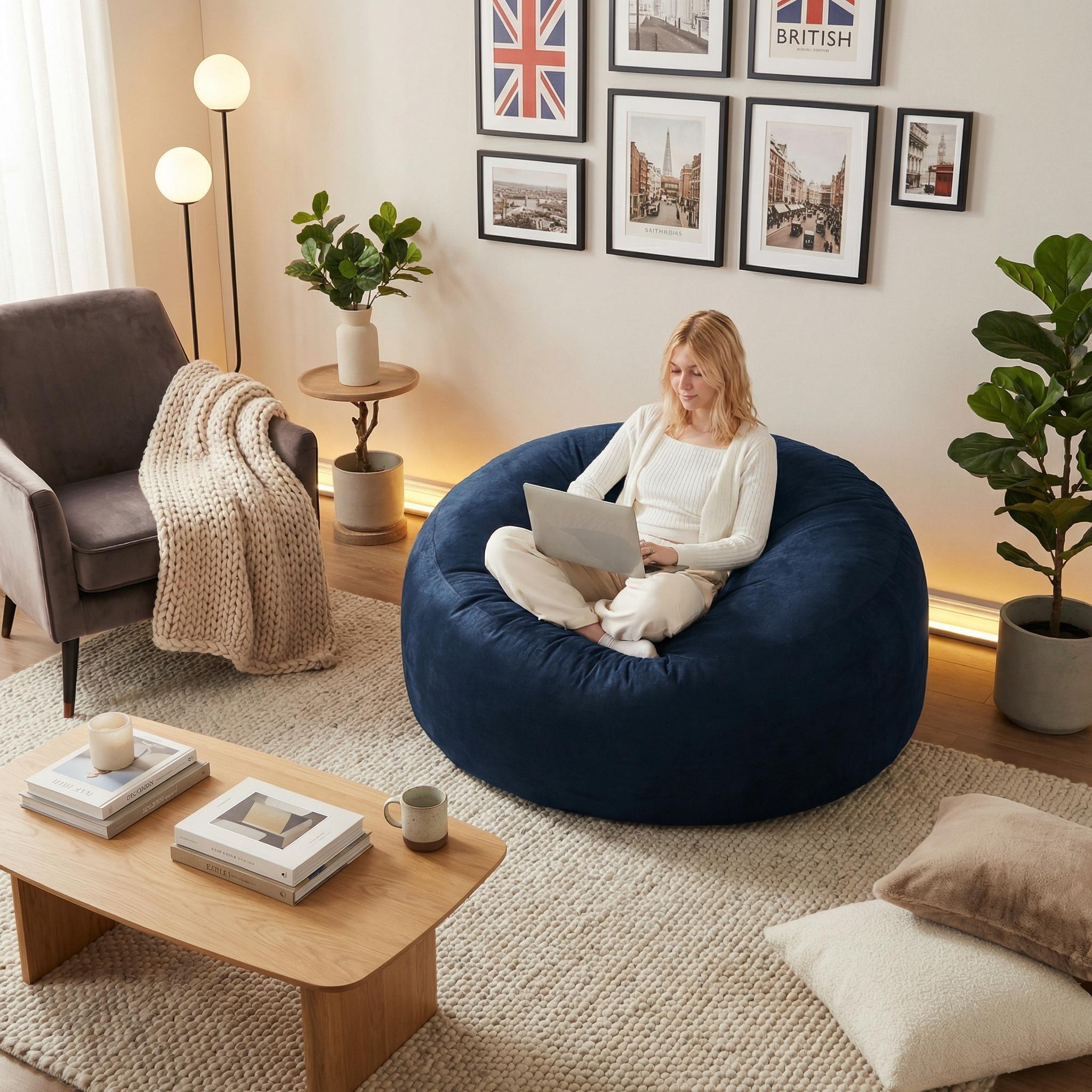 Blue - Urban Meuble - Modern Round Bean Bag Sofa Chair - 1