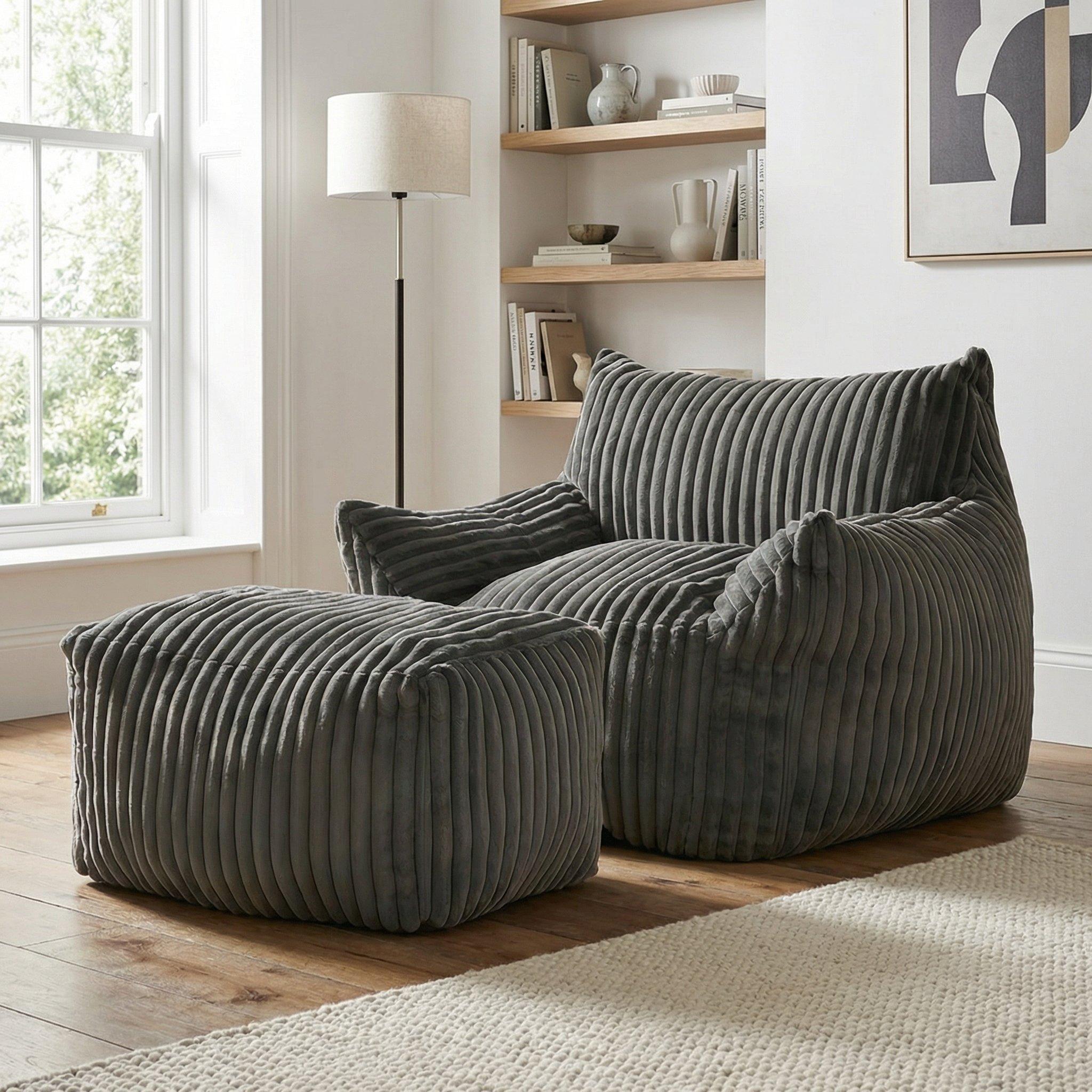 Dark Grey - Urban Meuble - Corduroy Bean Bag Chair with Footrest - 1