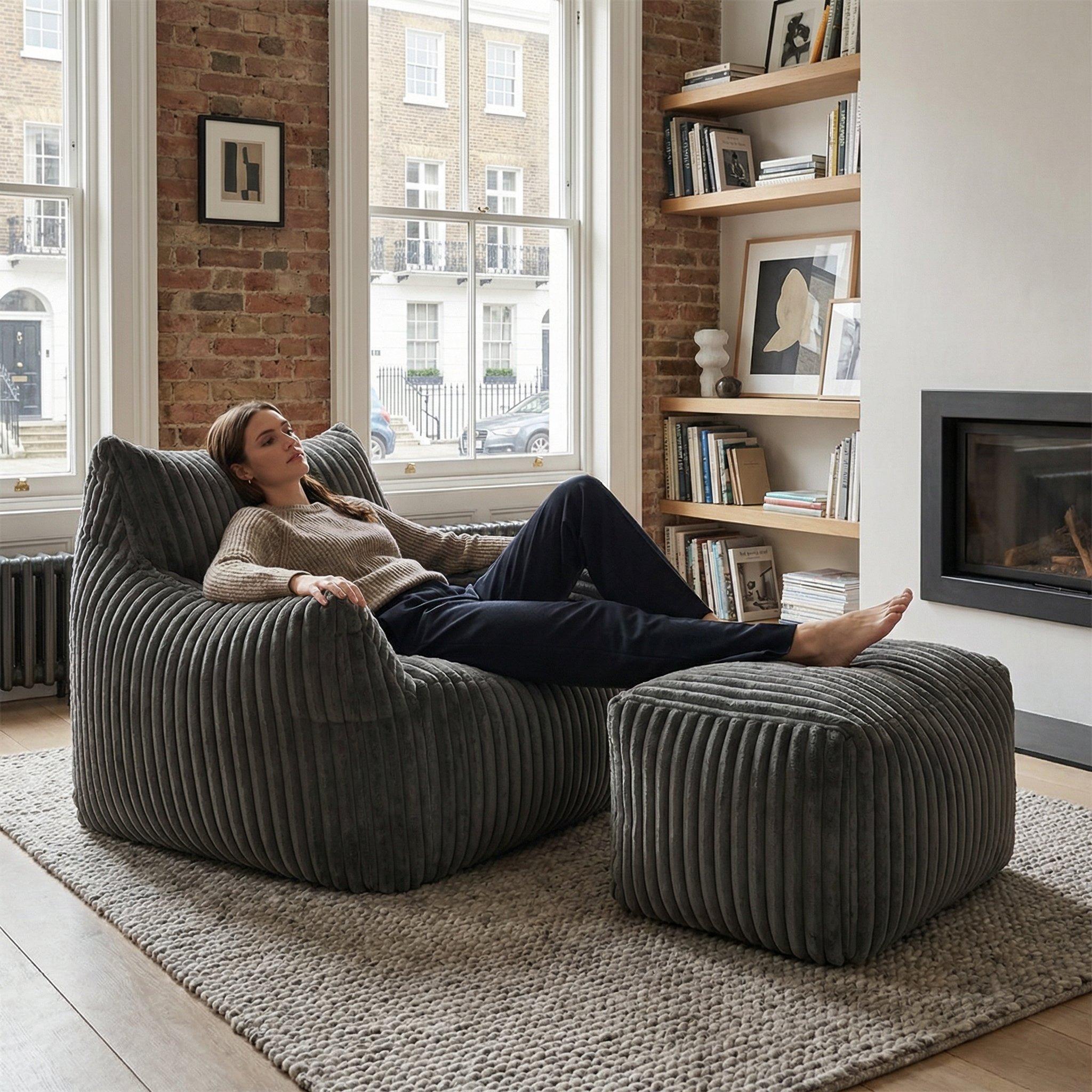 Dark Grey - Urban Meuble - Corduroy Bean Bag Chair with Footrest - 2