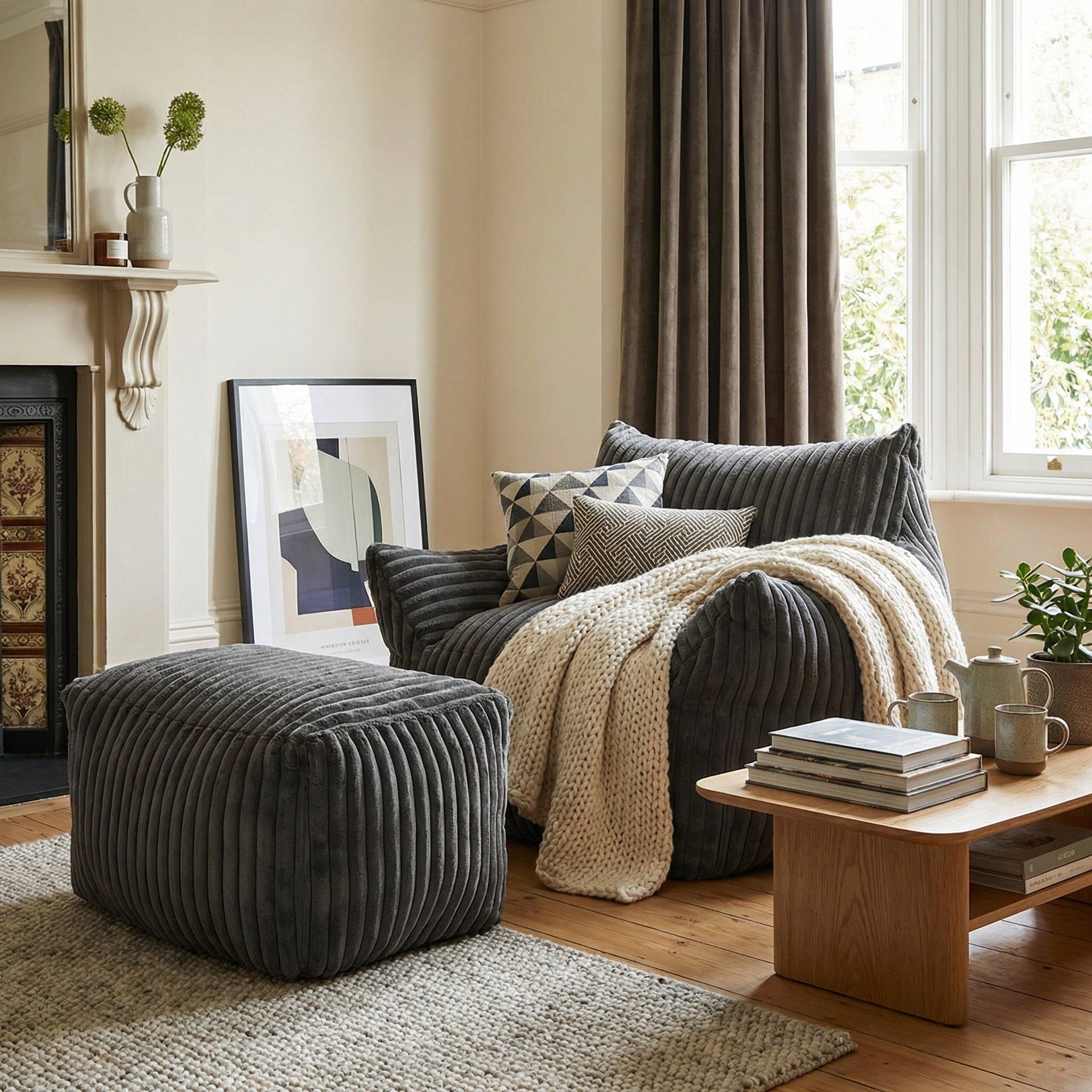 Dark Grey - Urban Meuble - Corduroy Bean Bag Chair with Footrest - 3