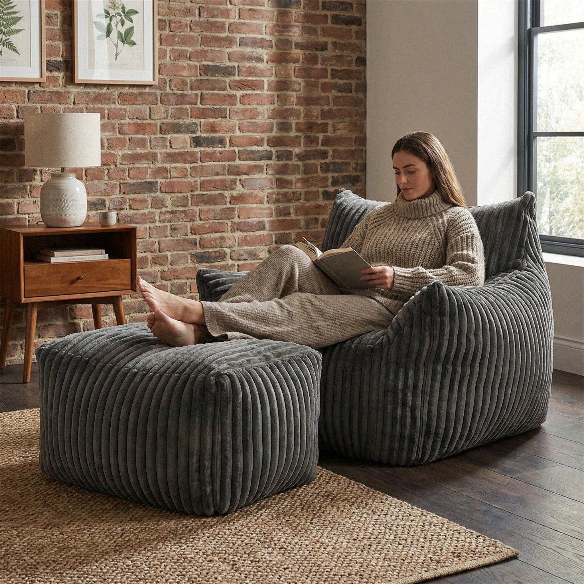 Dark Grey - Urban Meuble - Corduroy Bean Bag Chair with Footrest - 4
