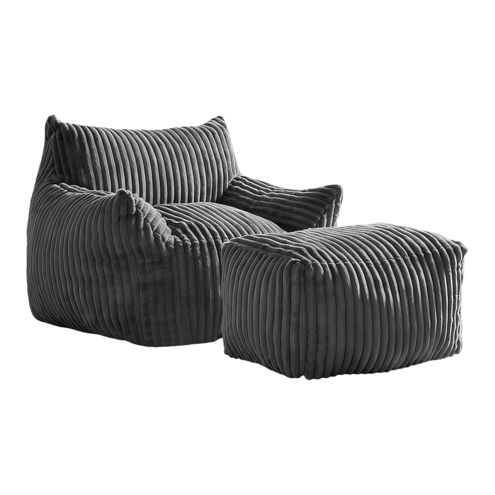 Dark Grey - Urban Meuble - Corduroy Bean Bag Chair with Footrest - 5