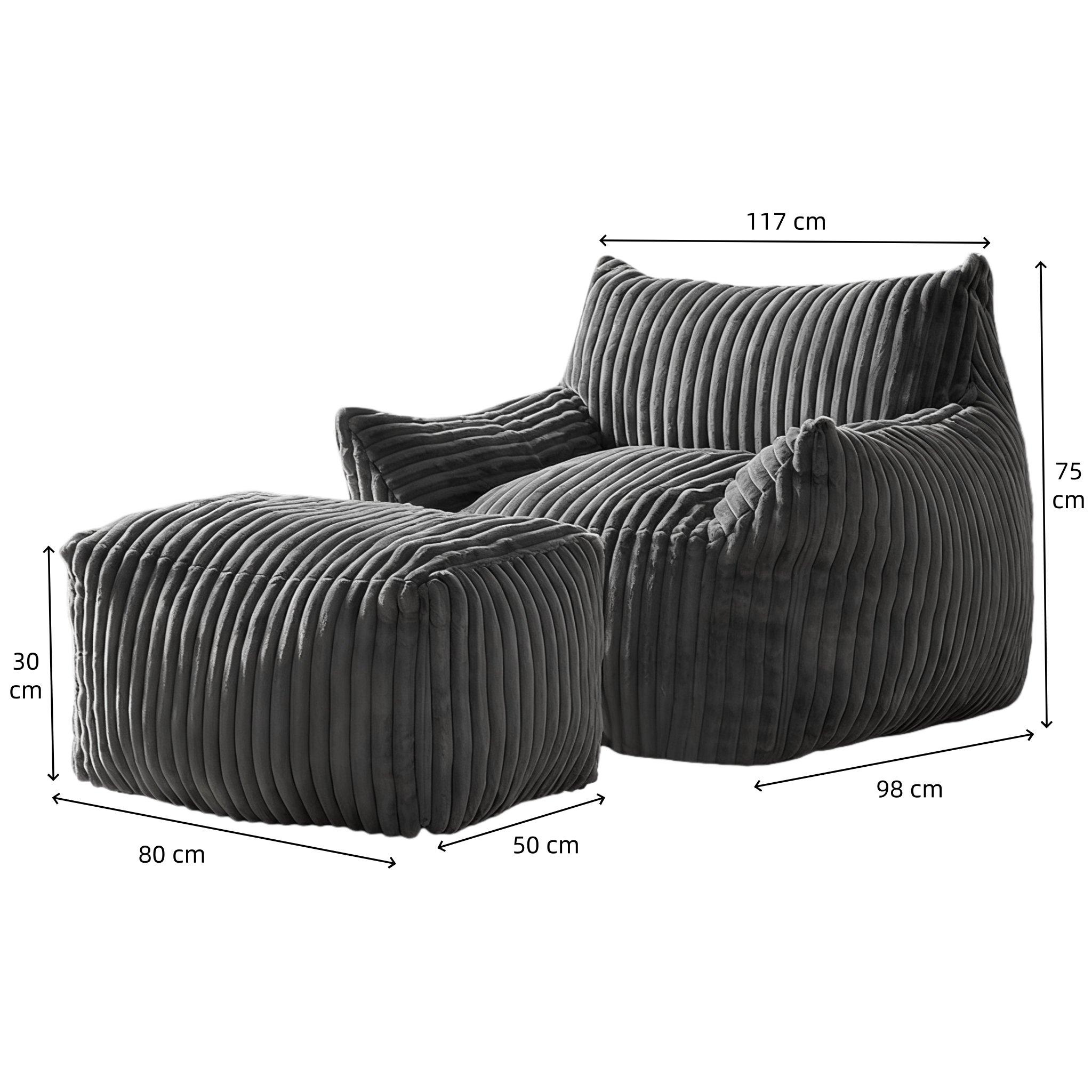 Dark Grey - Urban Meuble - Corduroy Bean Bag Chair with Footrest - 6