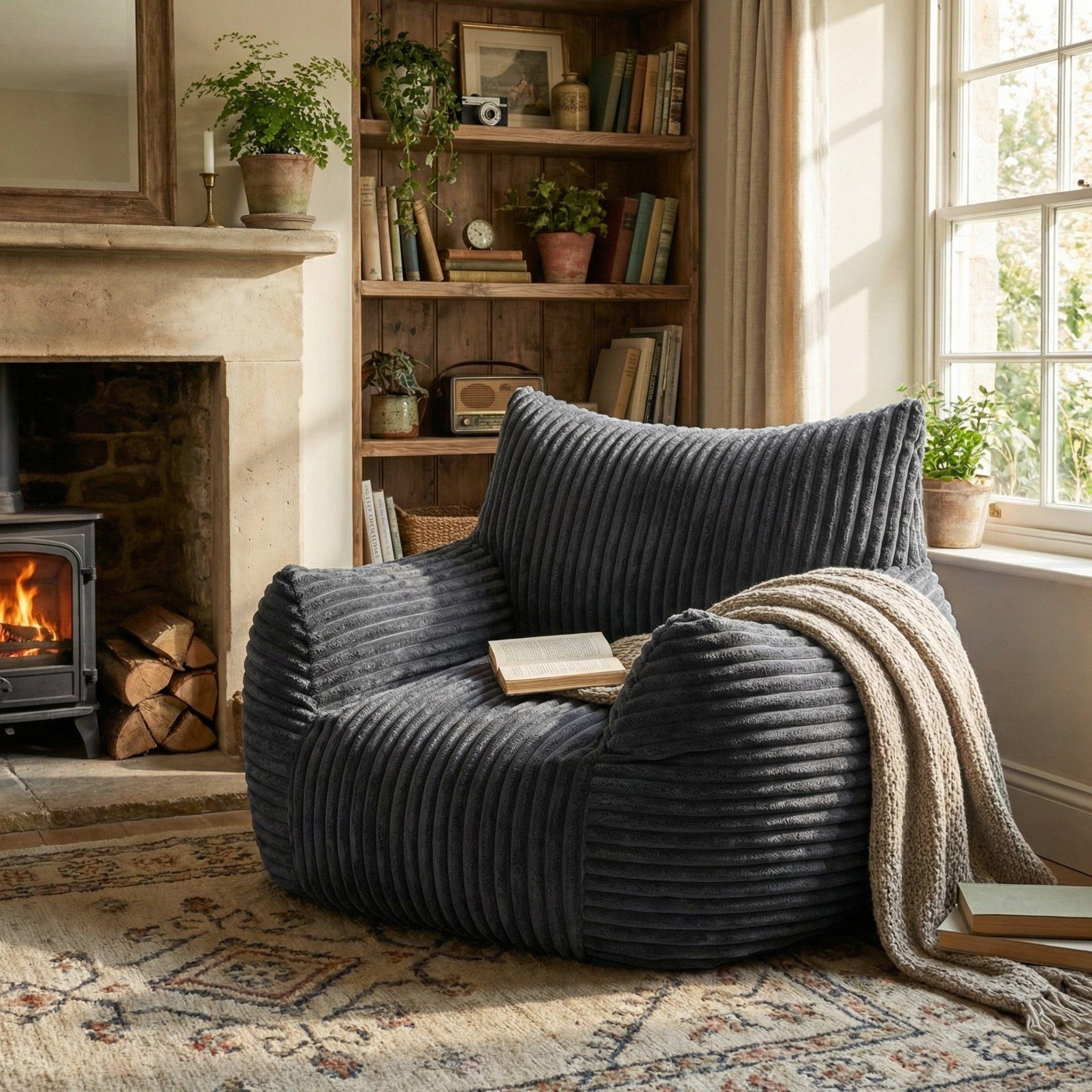 Dark Grey - Urban Meuble - Plush Corduroy Bean Bag Chair - 1