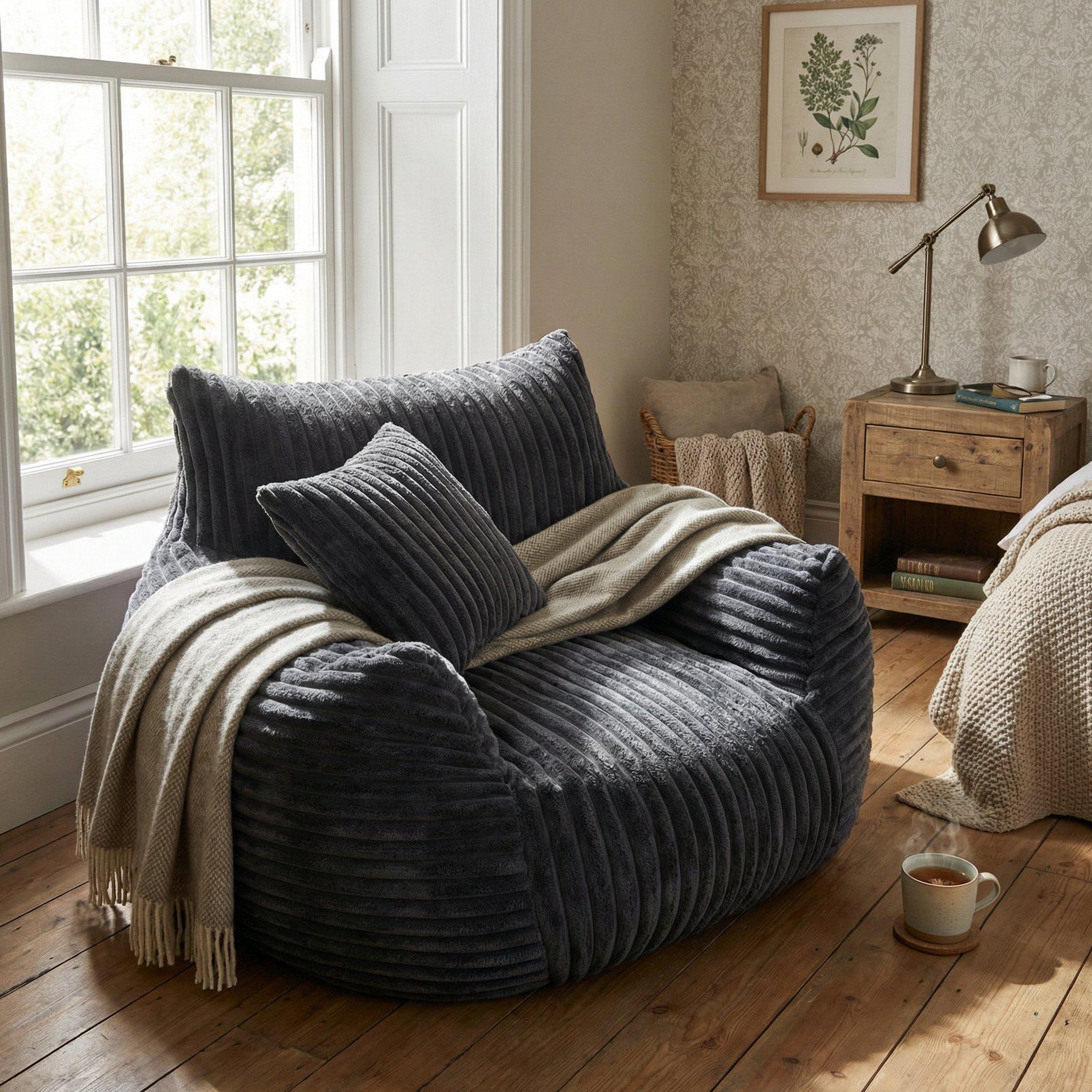 Dark Grey - Urban Meuble - Plush Corduroy Bean Bag Chair - 4