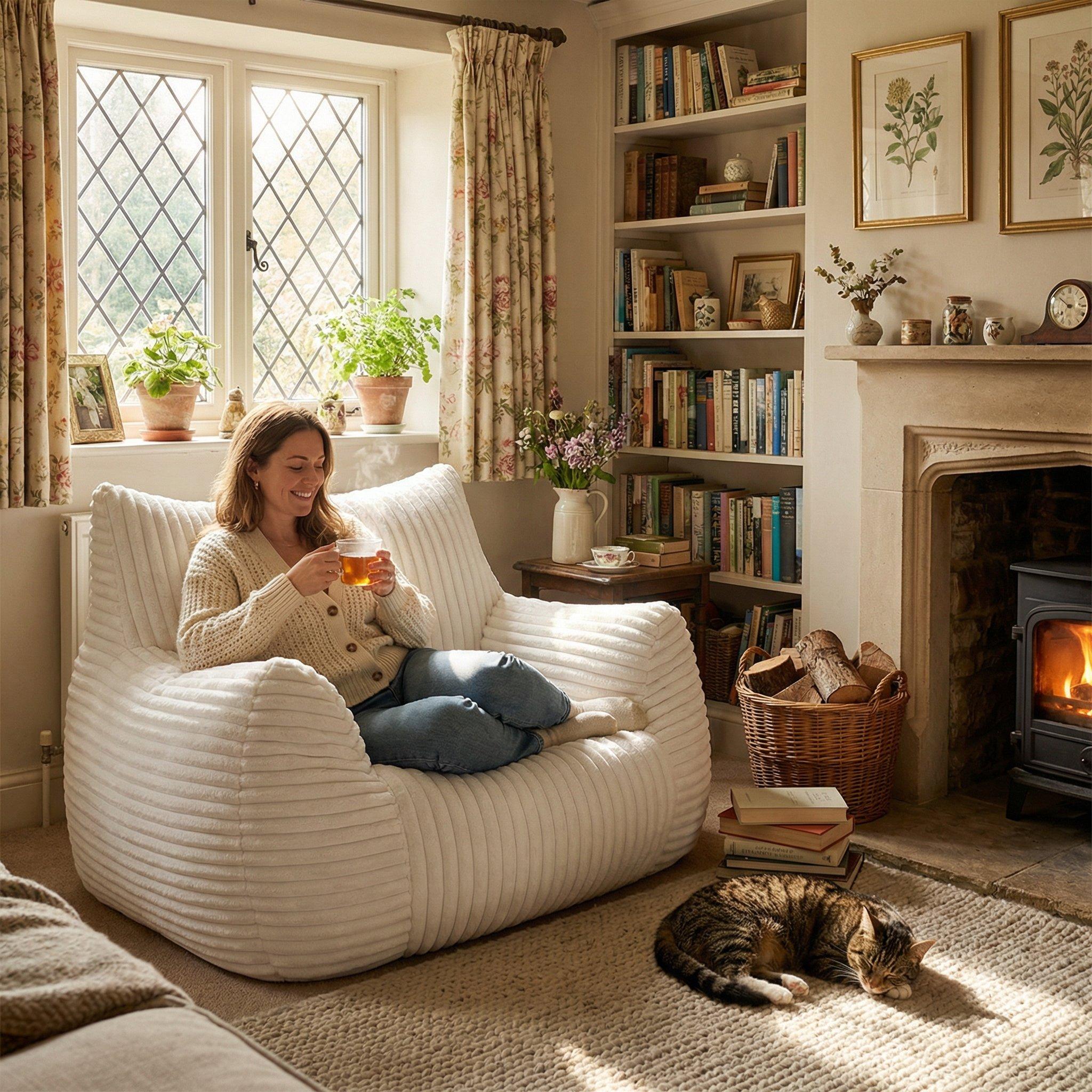 Beige - Urban Meuble - Plush Corduroy Bean Bag Chair - 2