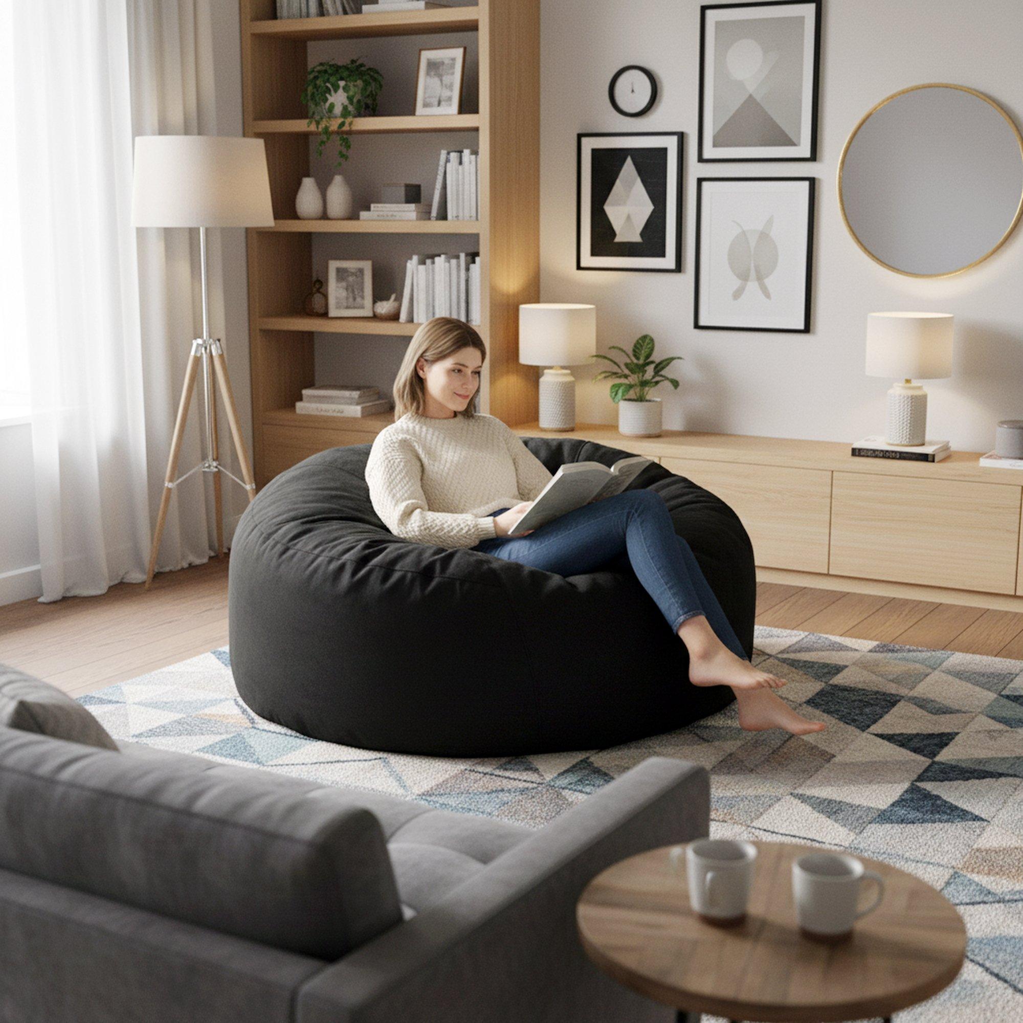 Urban Meuble  Modern Round Bean Bag Sofa Chair - Black