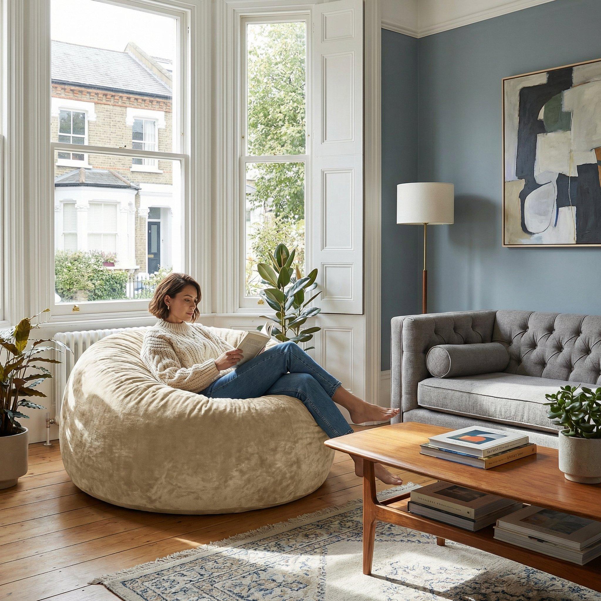 Beige - Urban Meuble - Modern Round Bean Bag Sofa Chair - 2