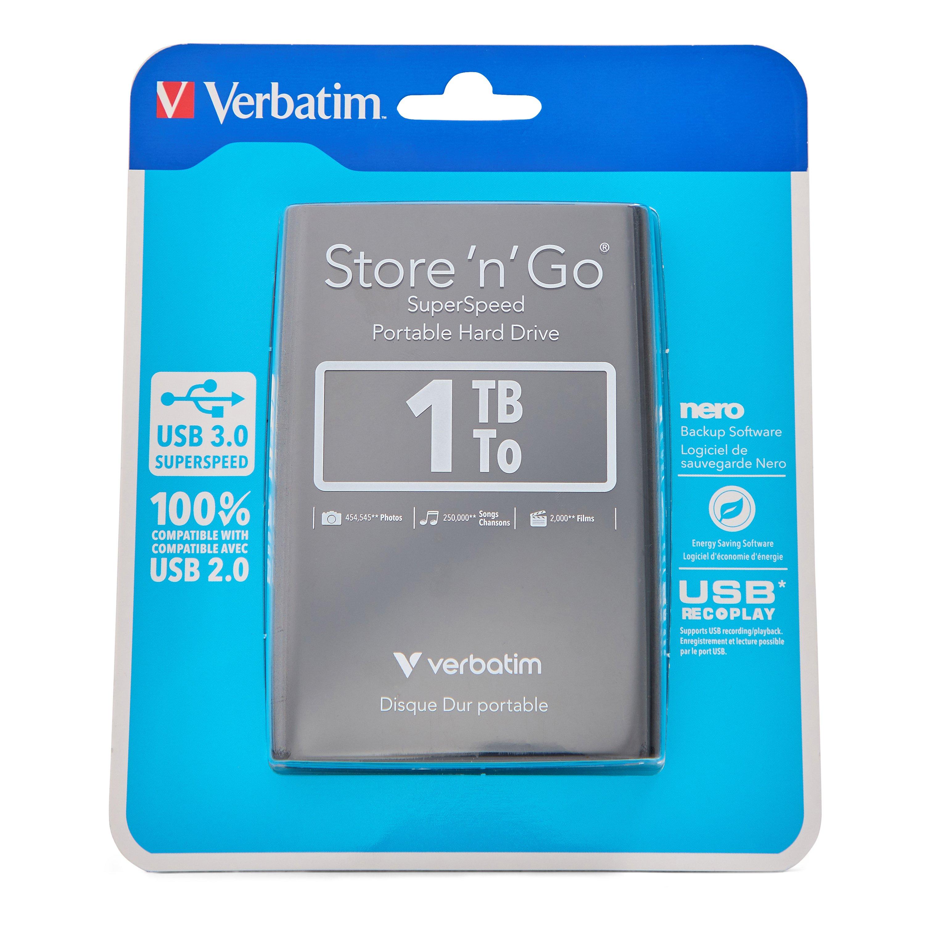 Black - Verbatim - Verbatim 53023 1TB Store n Go USB 3.0 2.5 Inch External Hard Drive - Black