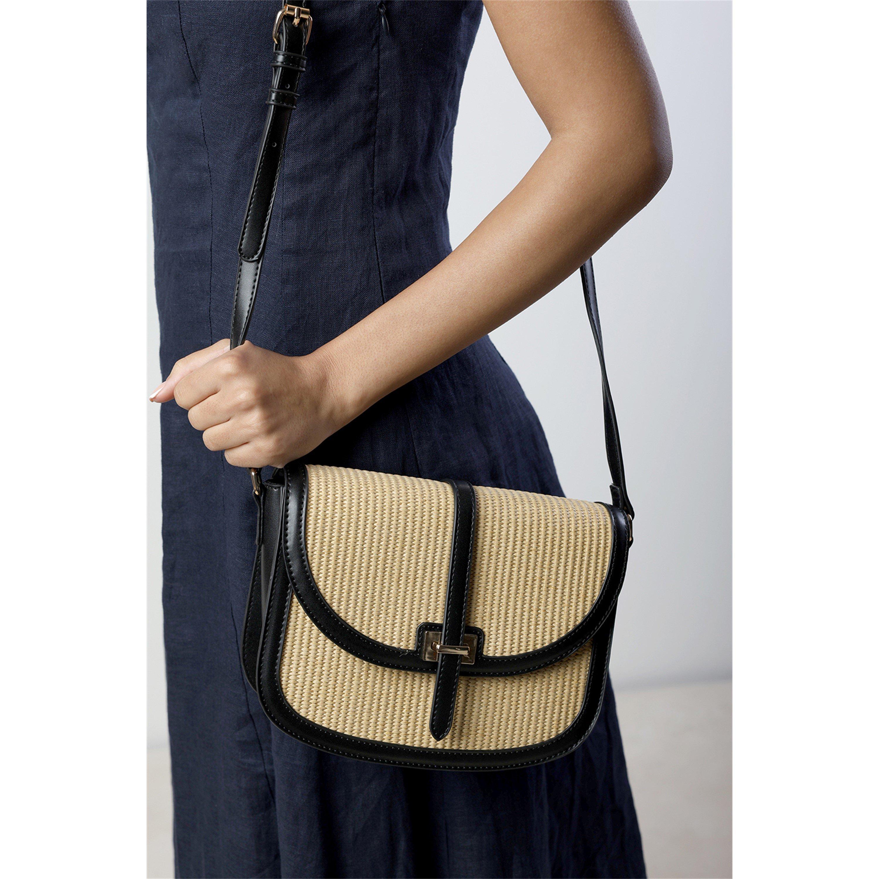 Black - Wheres That From - Where’s Raffia Cross Body with Flap Bag - 6