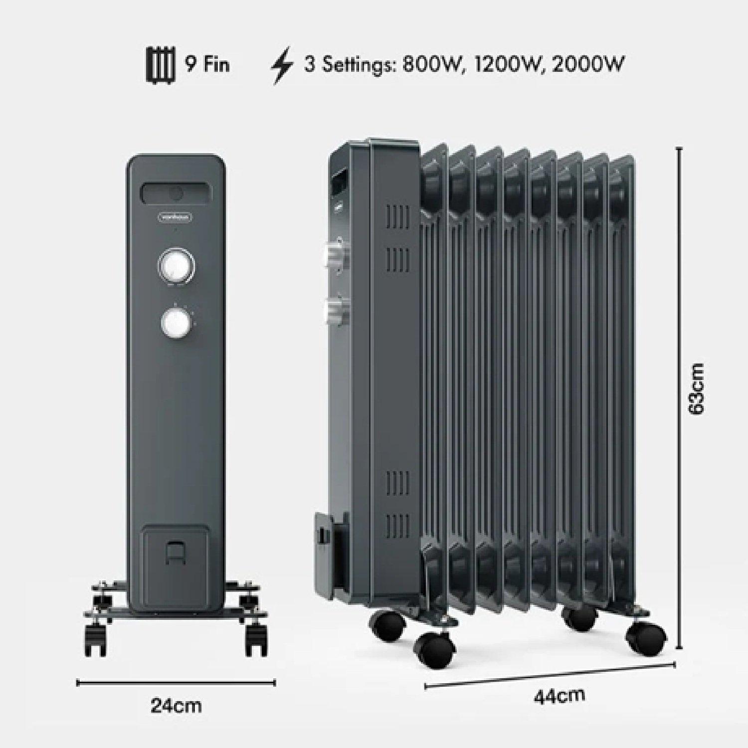 Grey - VonHaus - 9 Fin Oil Filled Radiator 2000W - 9