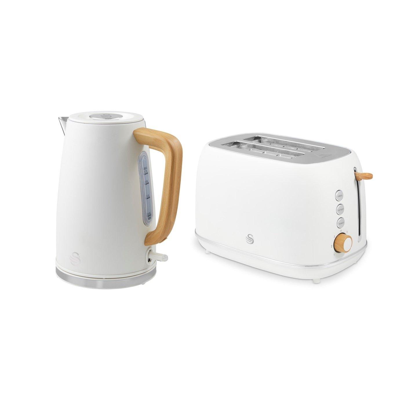 White + Wooden - Swan - Fjord 1.7L Jug Kettle and  800W 2 Slice Toaster Wh - 1