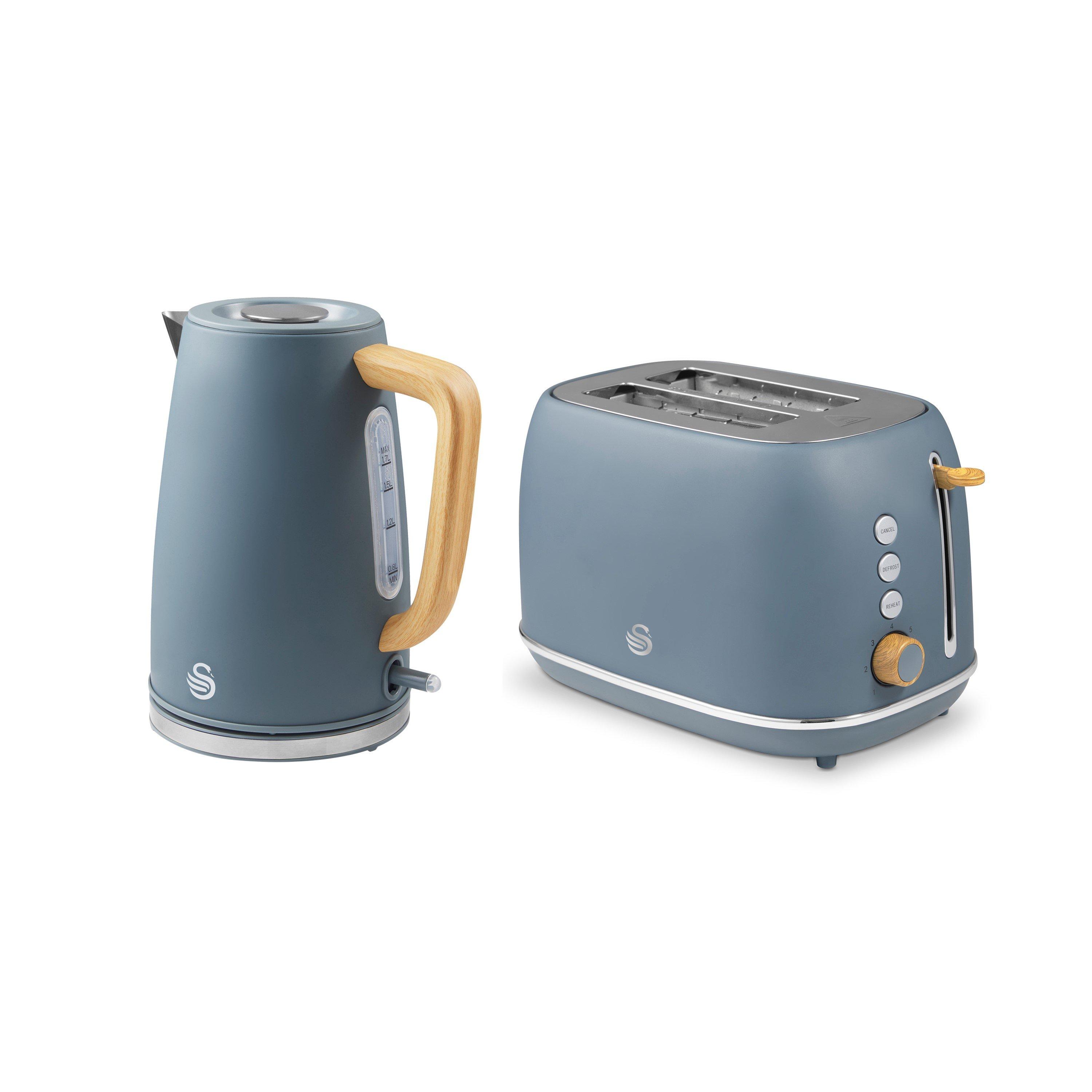 Grey + Wooden A - Swan - Fjord 1.7L Jug Kettle and 800W 2 Slice Toaster Gre - 1