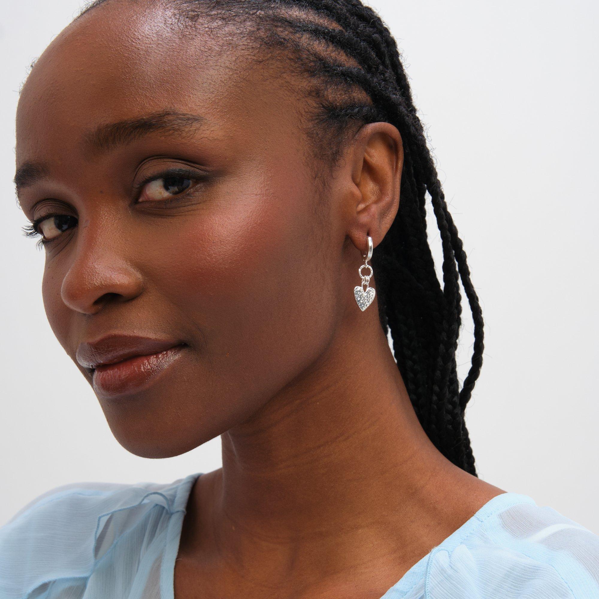 Silver - Inicio - Sterling Silver Plated Hammered Heart Link Hoops - 3