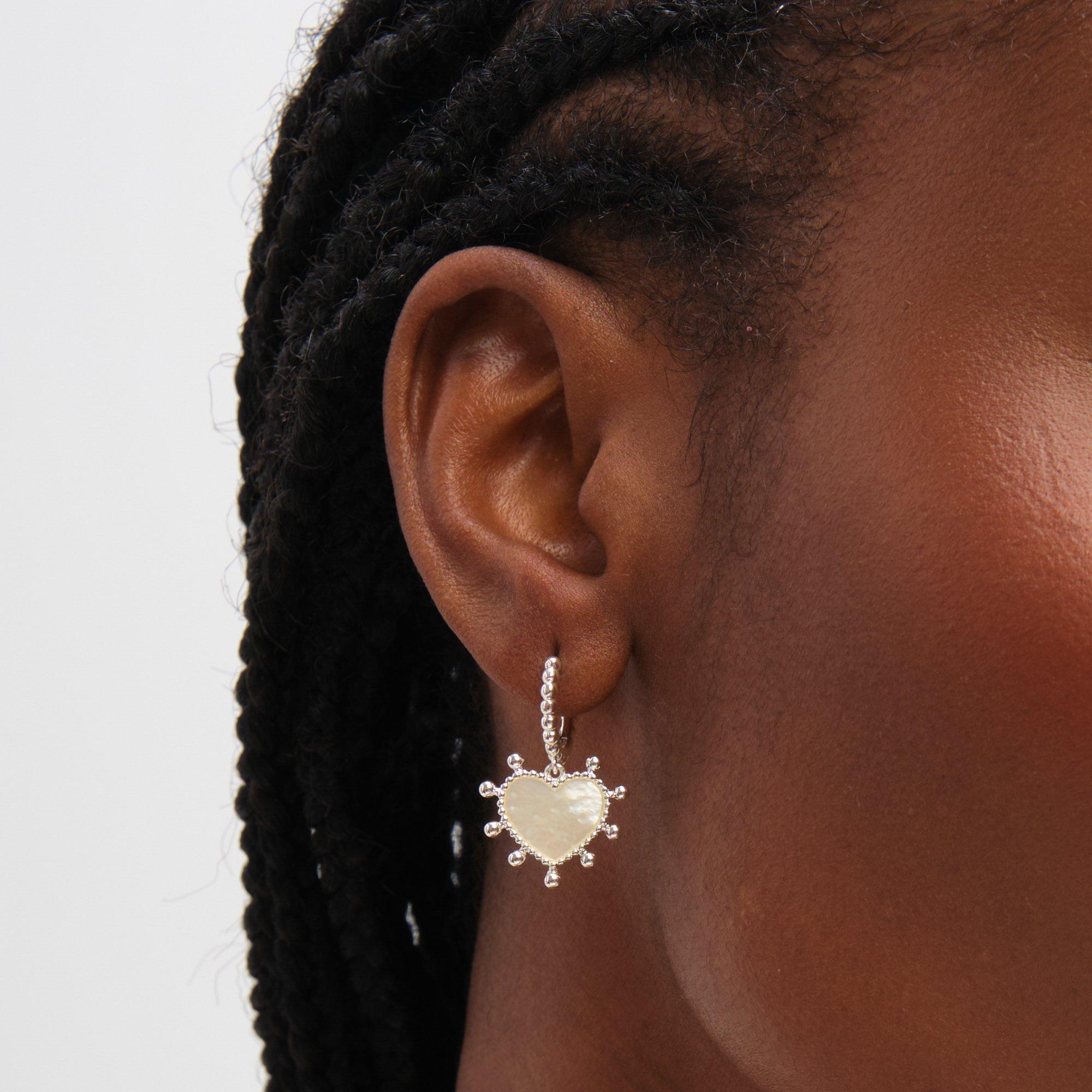 Silver - Inicio - Sterling Silver Plated Mother of Pearl Heart Hoops - 2