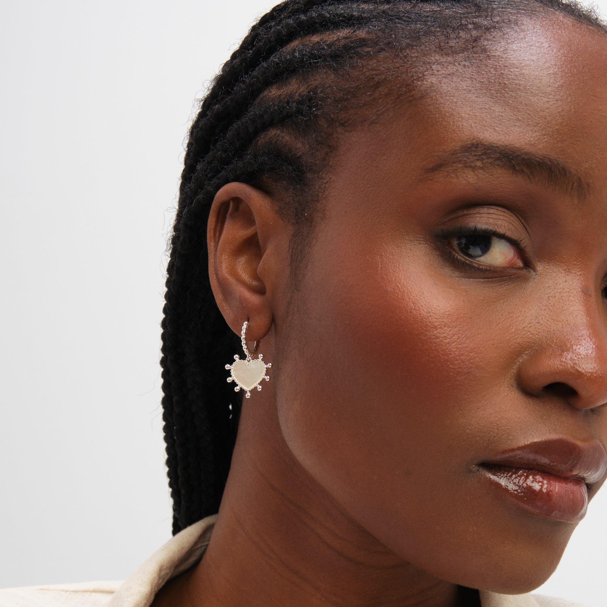 Silver - Inicio - Sterling Silver Plated Mother of Pearl Heart Hoops - 3