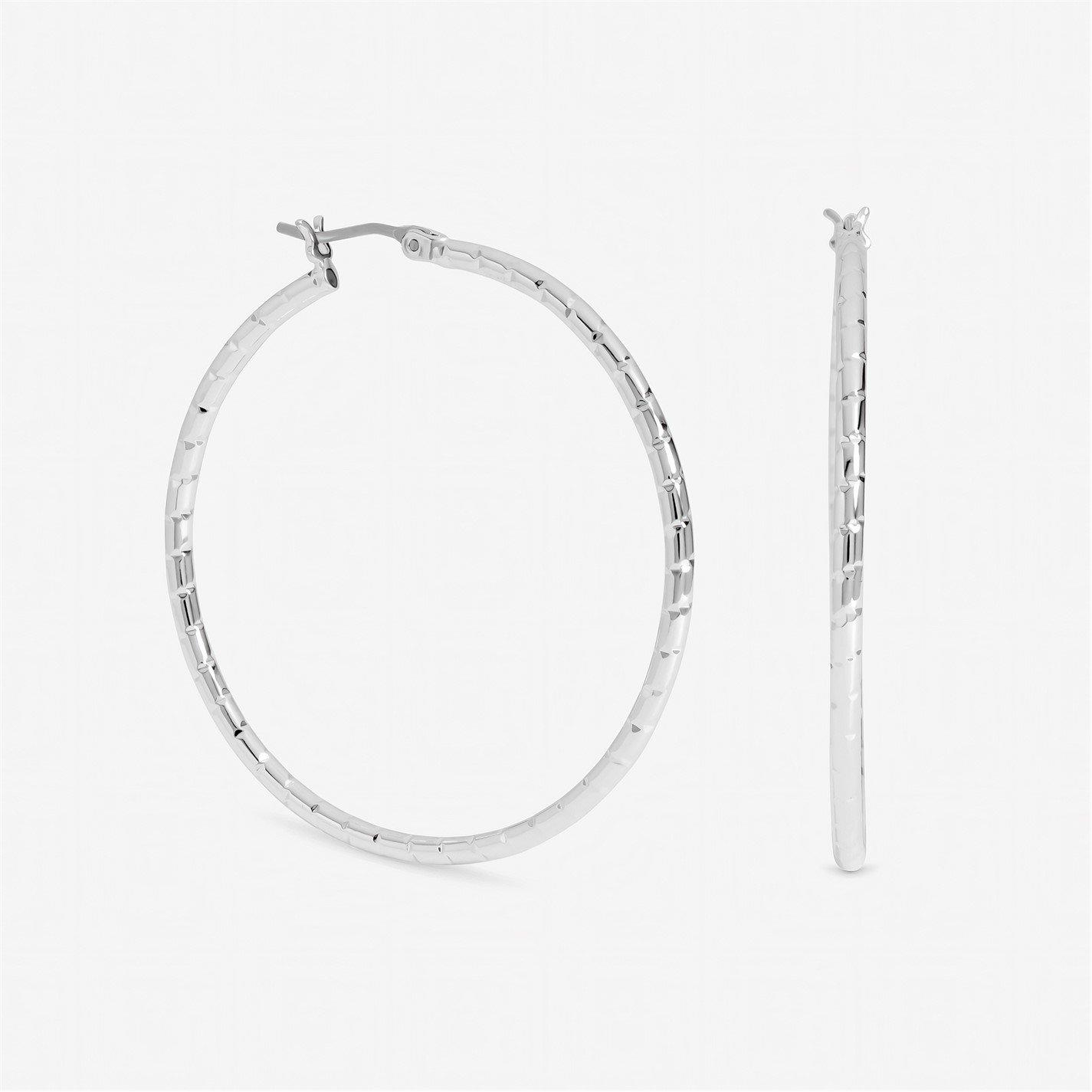 Silver - Inicio - Sterling Silver Plated Textured Hoops - Gift Pouch - 1