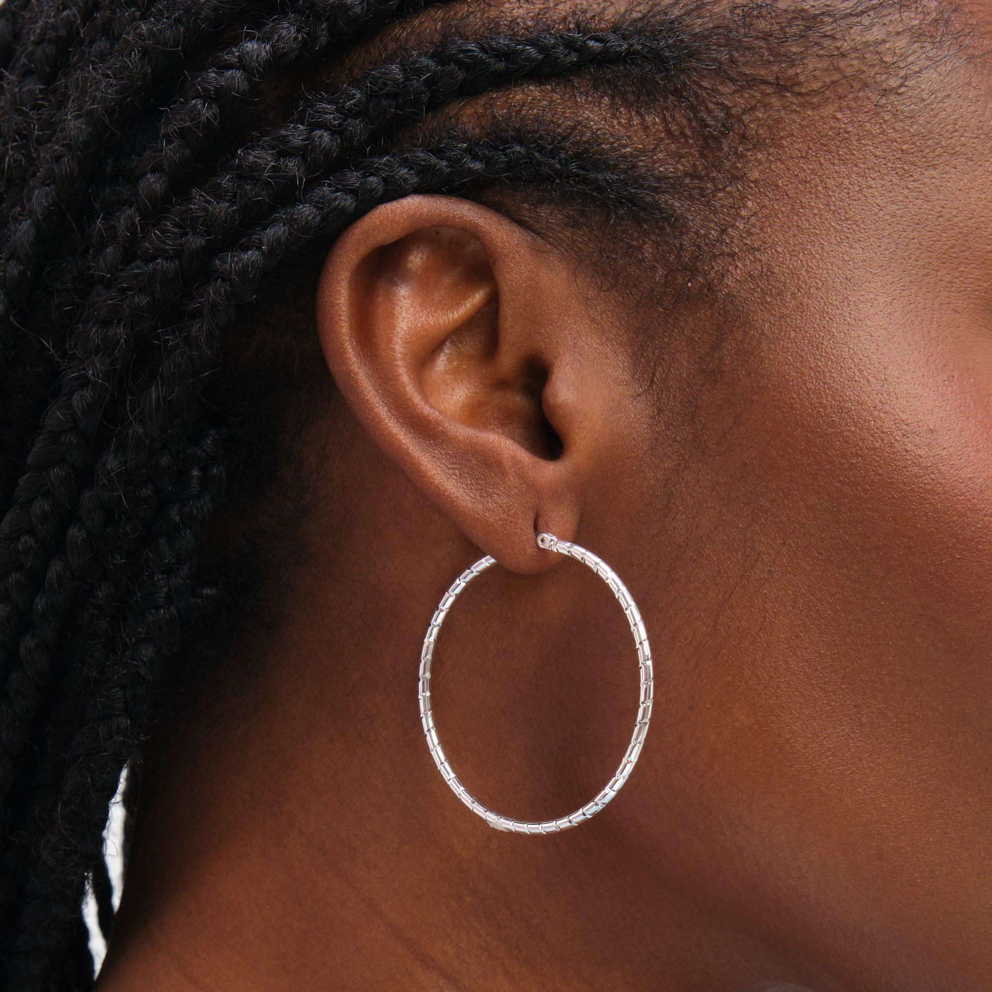 Silver - Inicio - Sterling Silver Plated Textured Hoops - Gift Pouch - 2