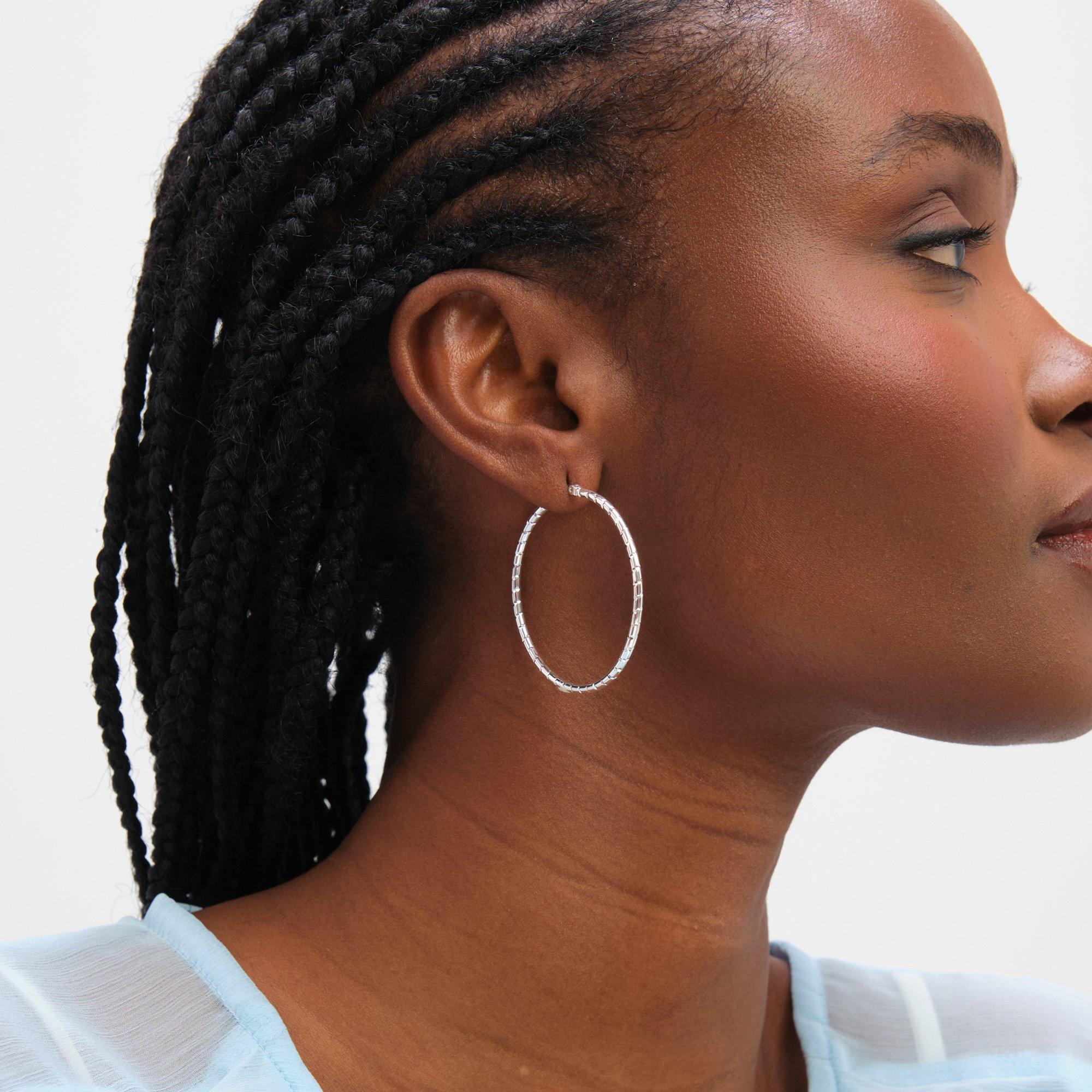 Silver - Inicio - Sterling Silver Plated Textured Hoops - Gift Pouch - 3