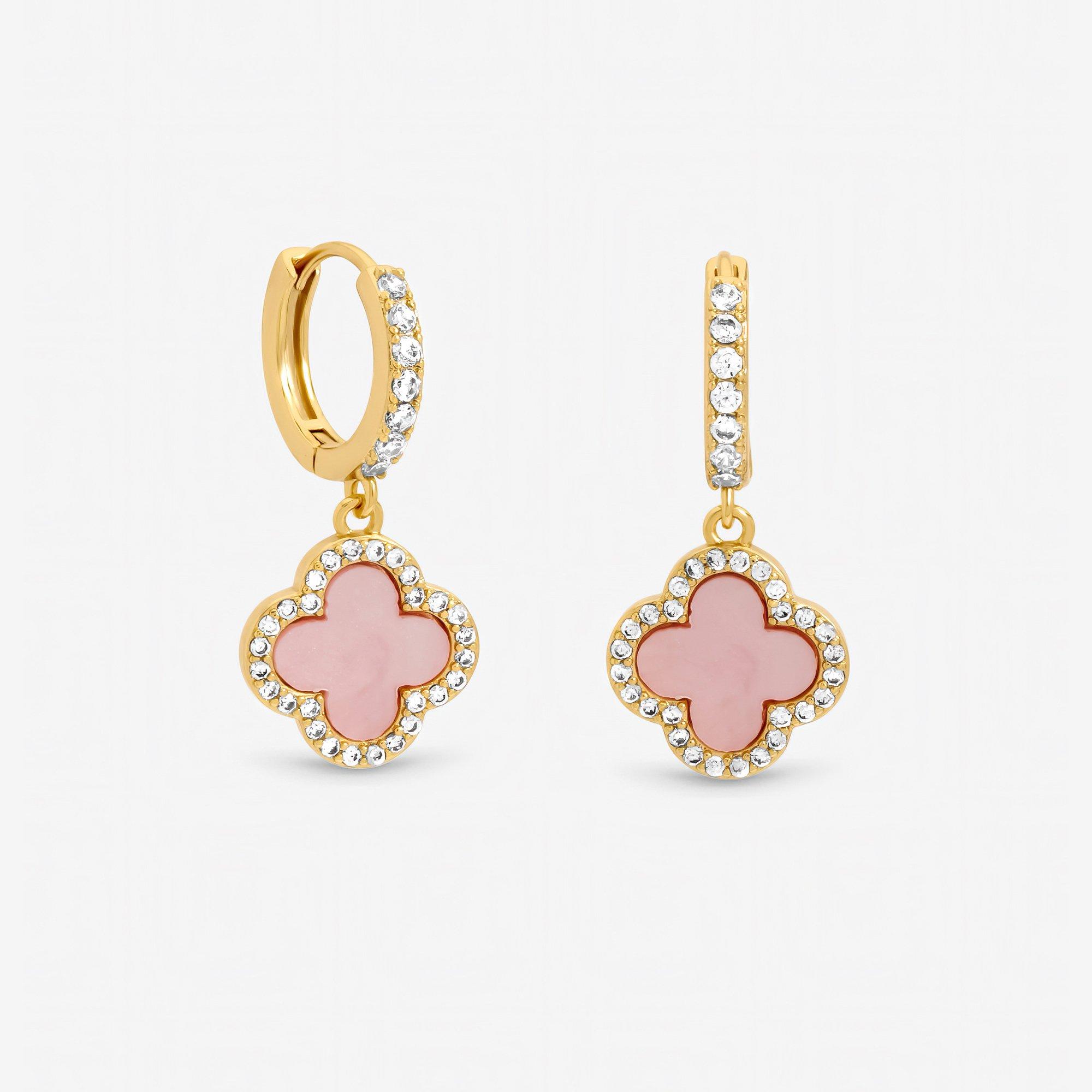 Gold - Jon Richard - Gold Plated and Pink Clover Huggie Earrings - 1
