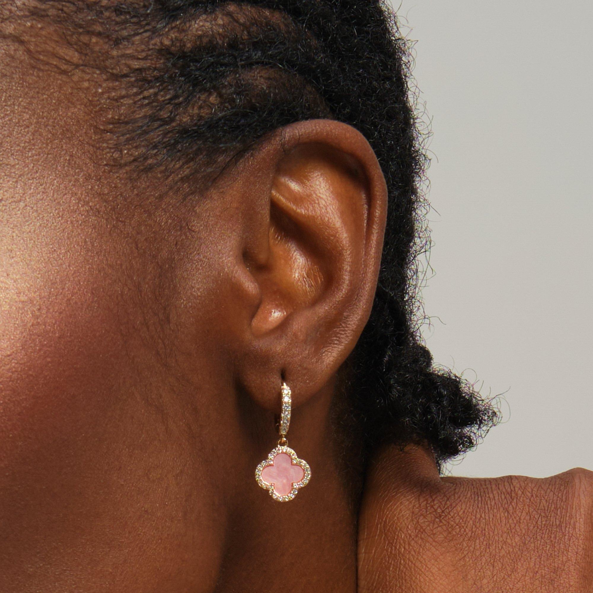 Gold - Jon Richard - Gold Plated and Pink Clover Huggie Earrings - 2