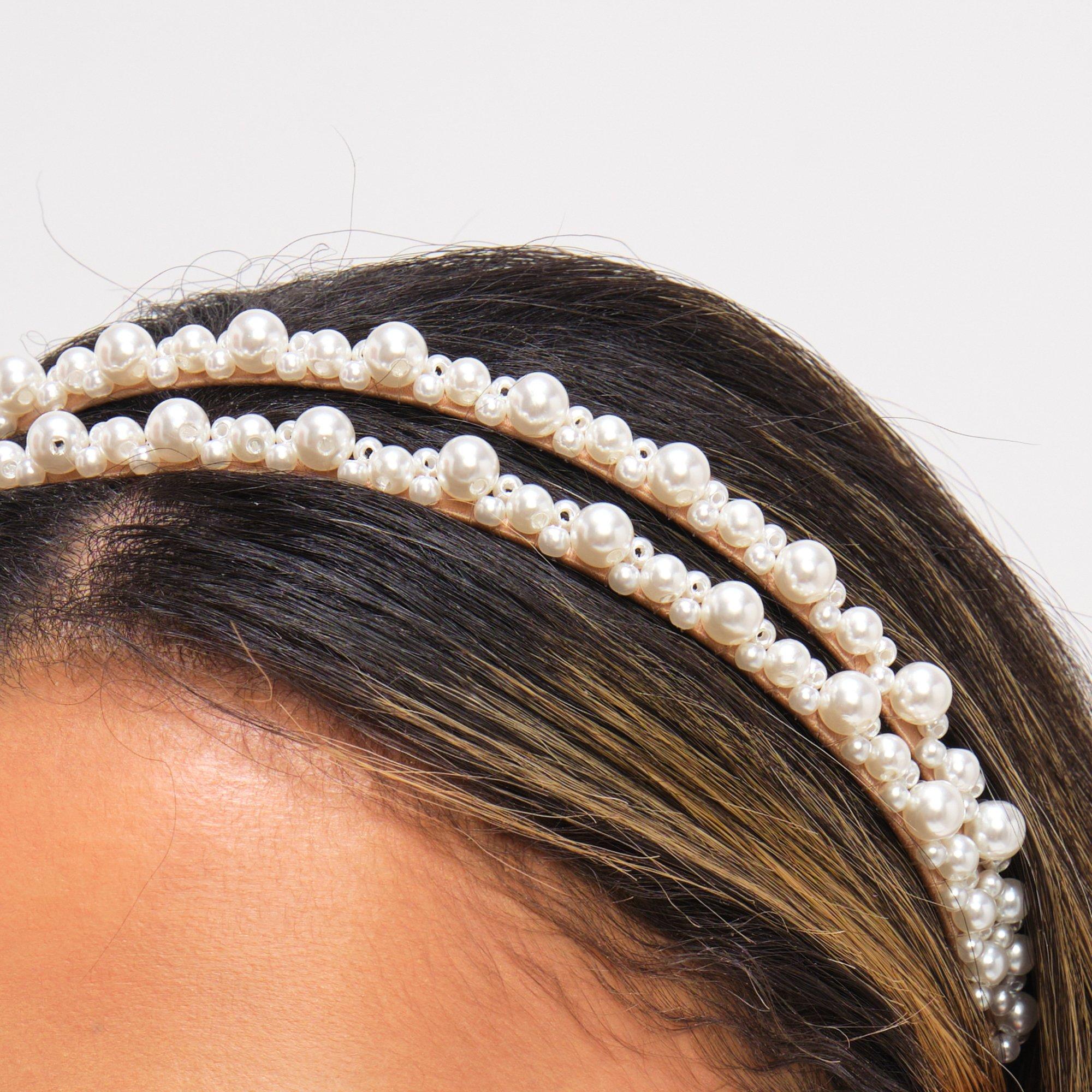 Cream - Jon Richard - Pearl Double Row Headband - 2