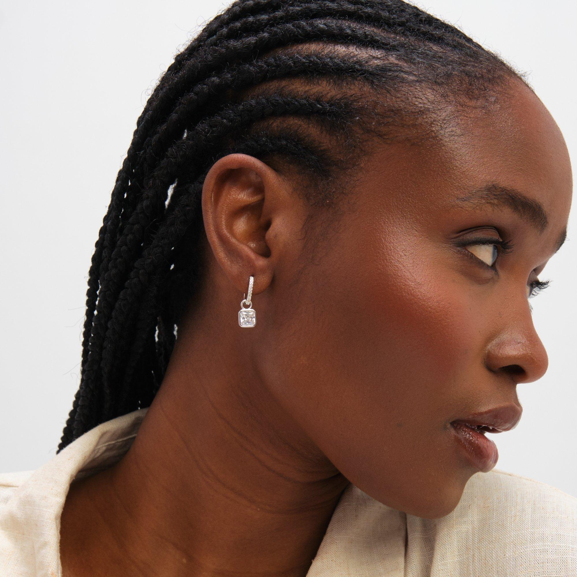 Silver - Inicio - Sterling Silver Plated Pave Hoops - Gift Pouch - 3