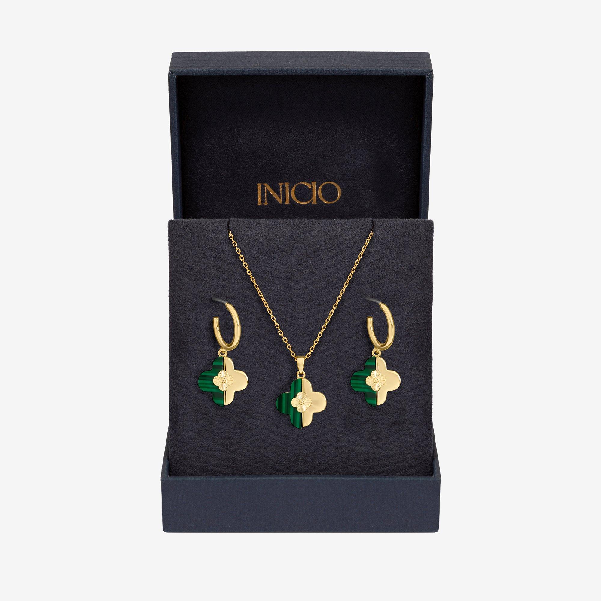 Gold - Inicio - Gold Plated and Malachite Clover Set - Gift Box - 1